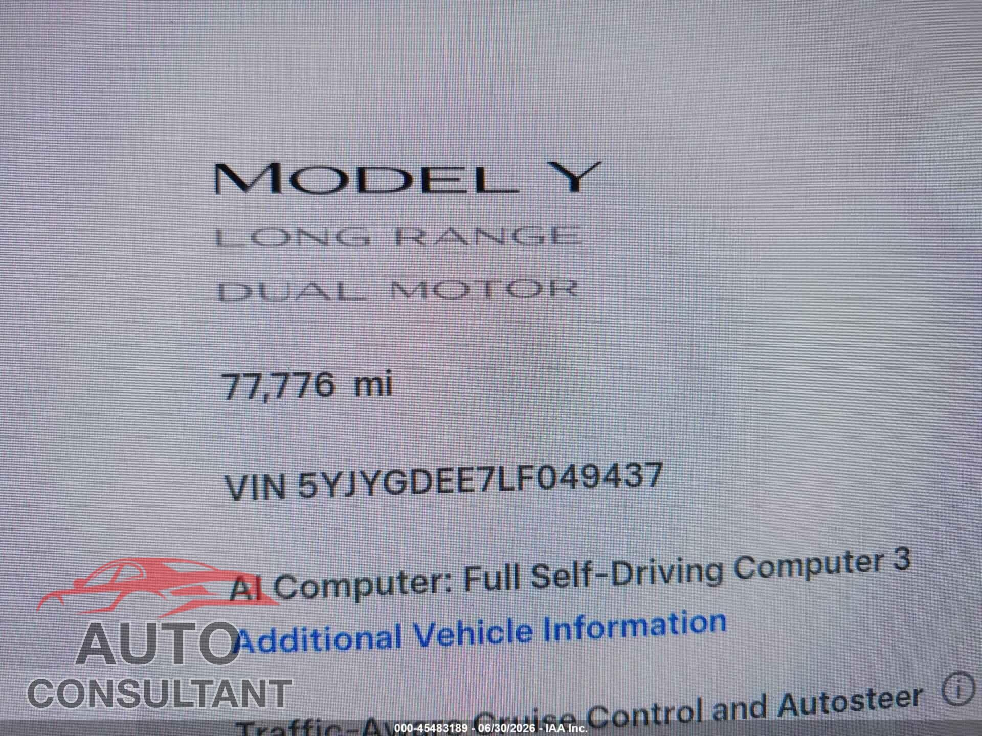 TESLA MODEL Y 2020 - 5YJYGDEE7LF049437