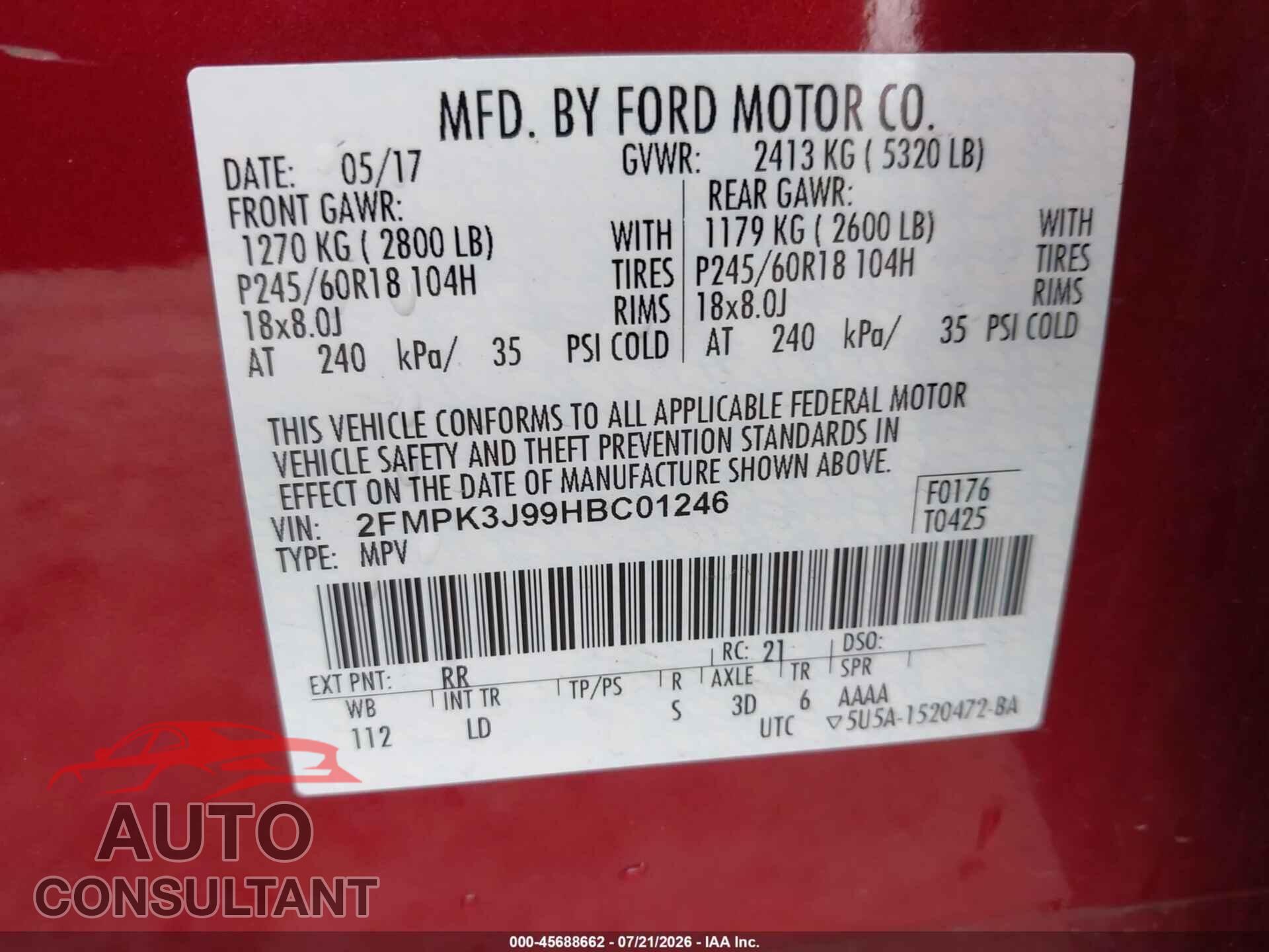 FORD EDGE 2017 - 2FMPK3J99HBC01246
