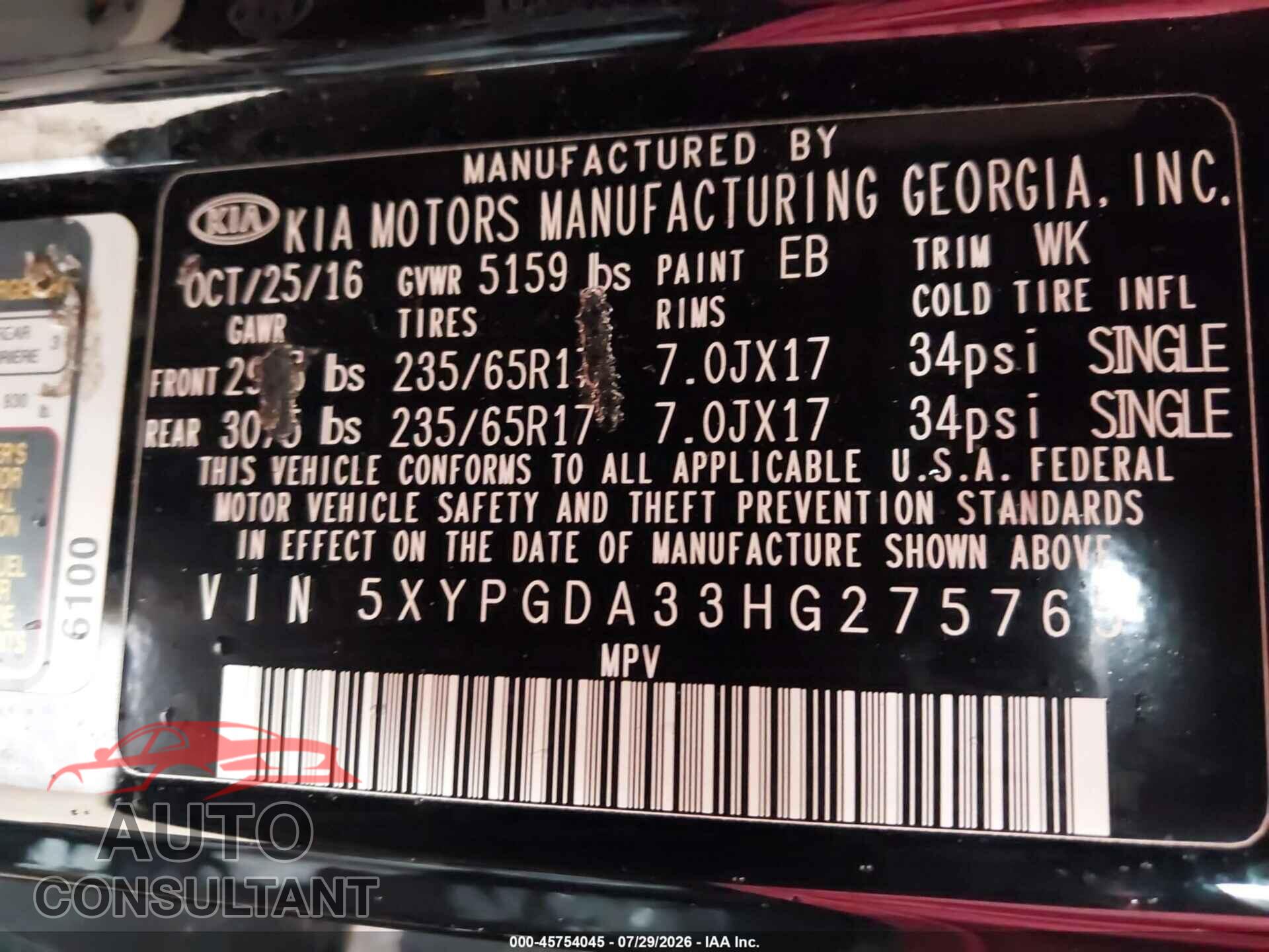 KIA SORENTO 2017 - 5XYPGDA33HG275765