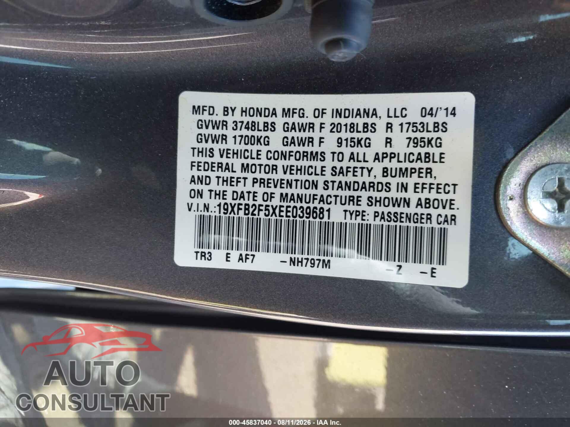 HONDA CIVIC 2014 - 19XFB2F5XEE039681