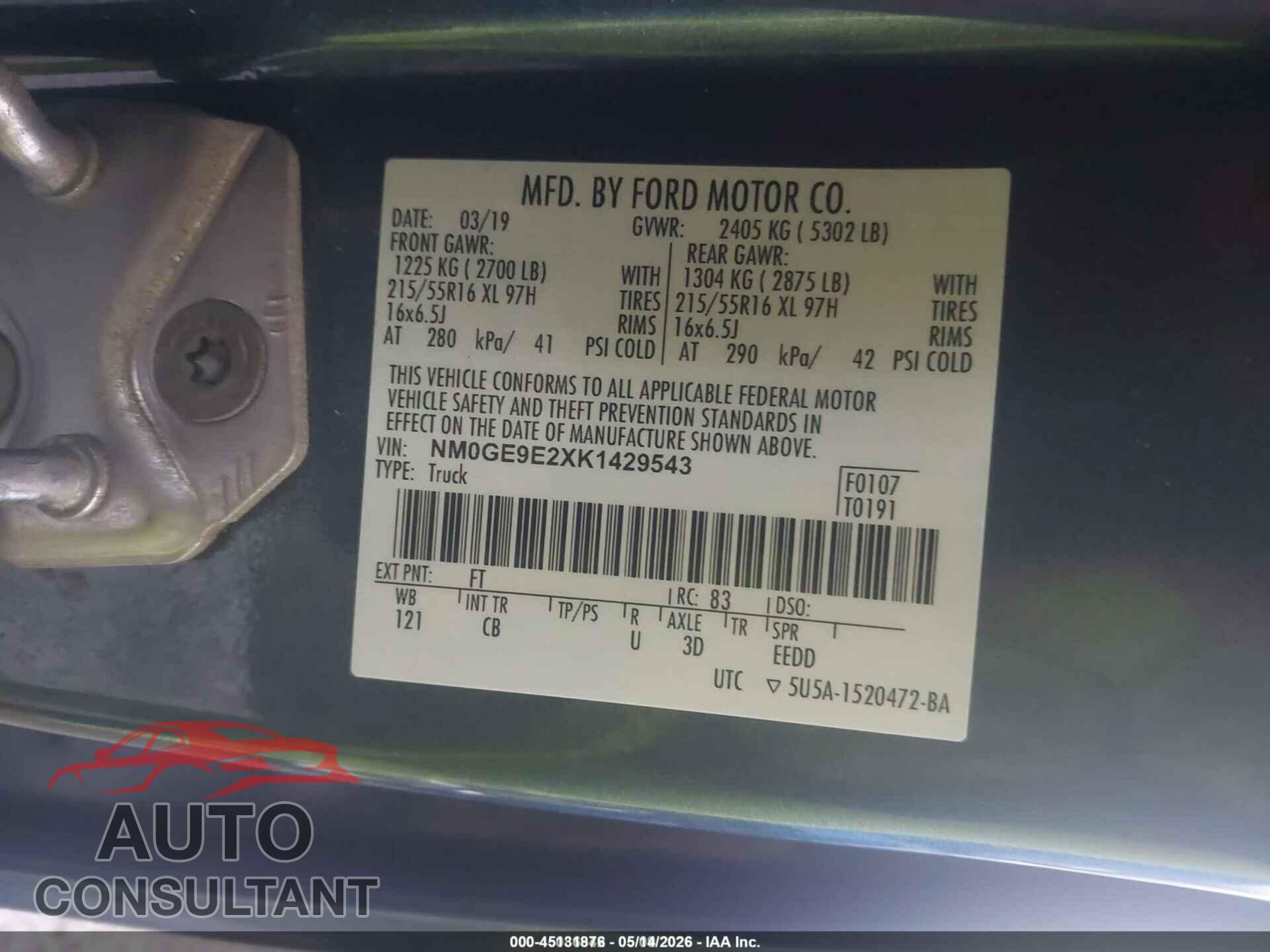 FORD TRANSIT CONNECT 2019 - NM0GE9E2XK1429543