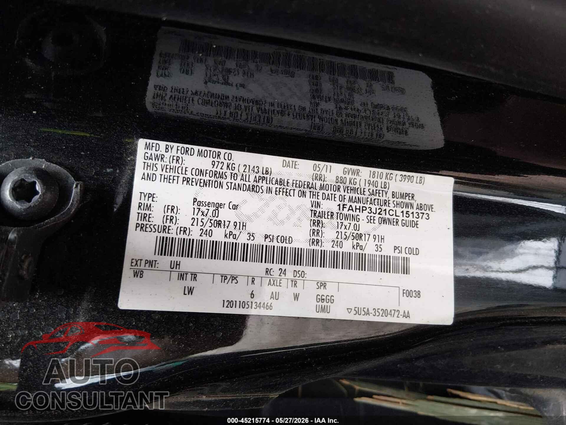 FORD FOCUS 2012 - 1FAHP3J21CL151373