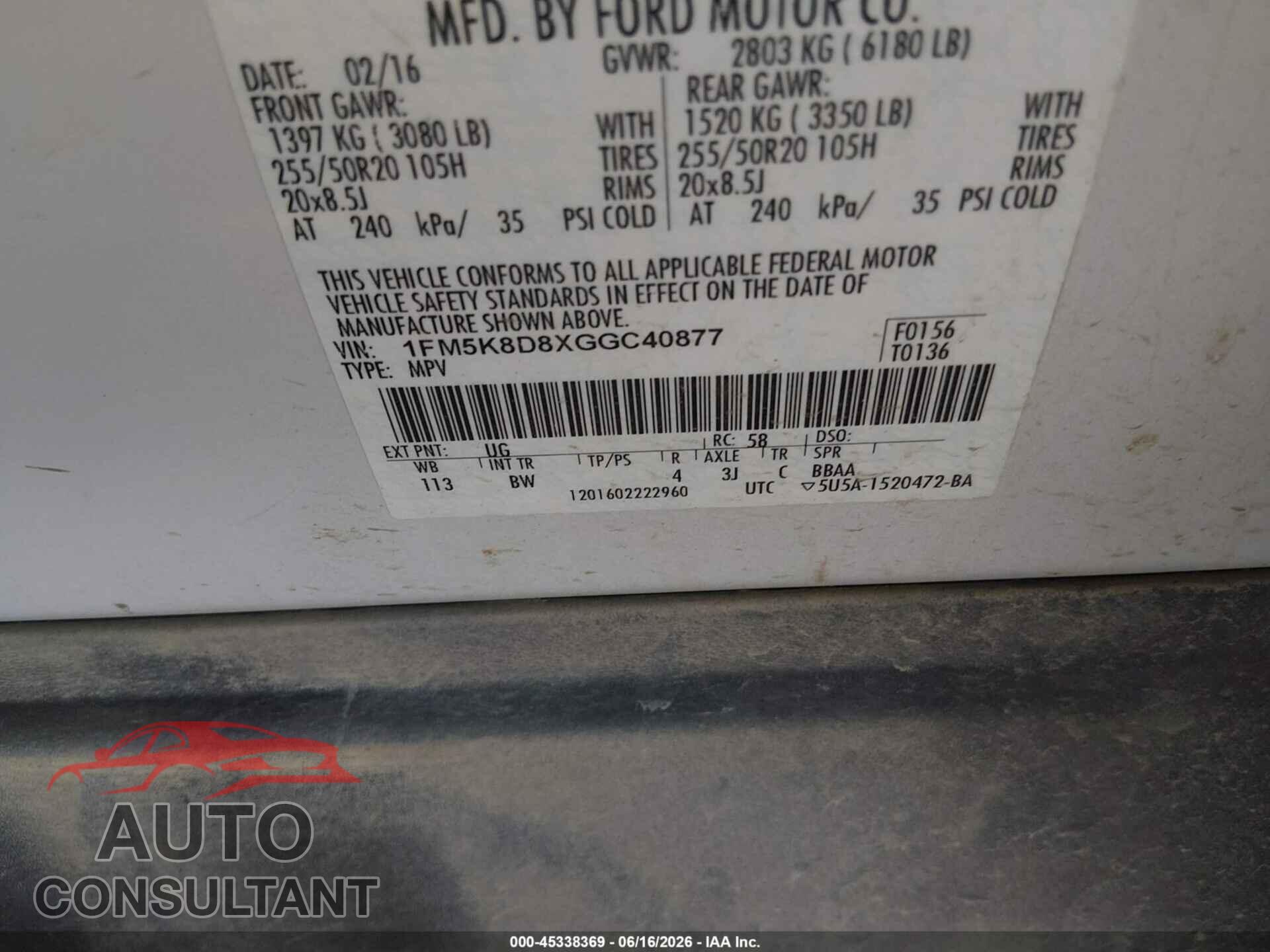 FORD EXPLORER 2016 - 1FM5K8D8XGGC40877