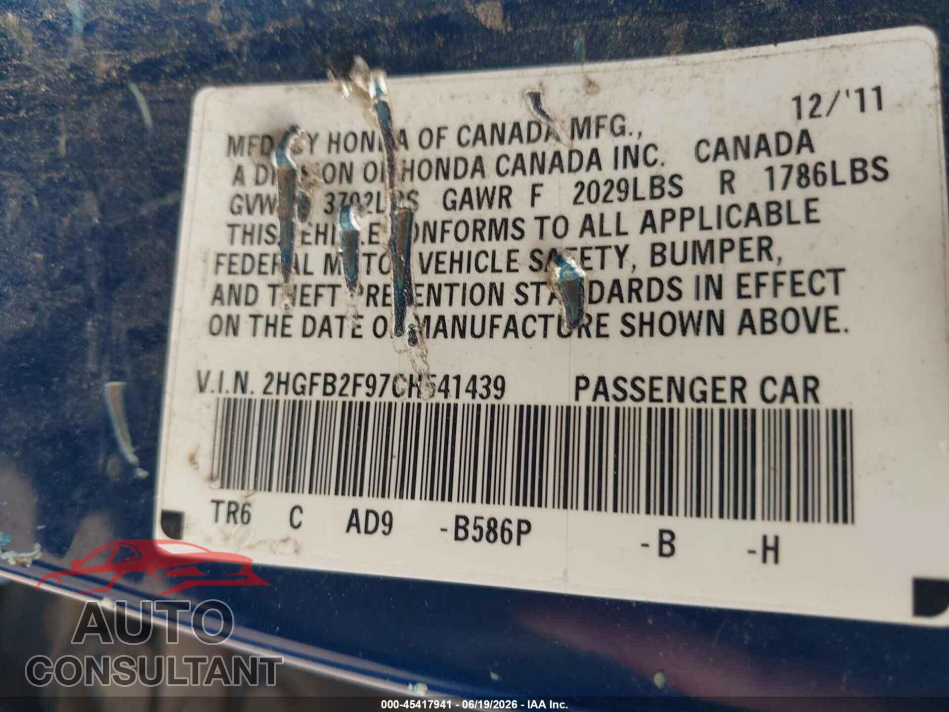 HONDA CIVIC 2012 - 2HGFB2F97CH541439