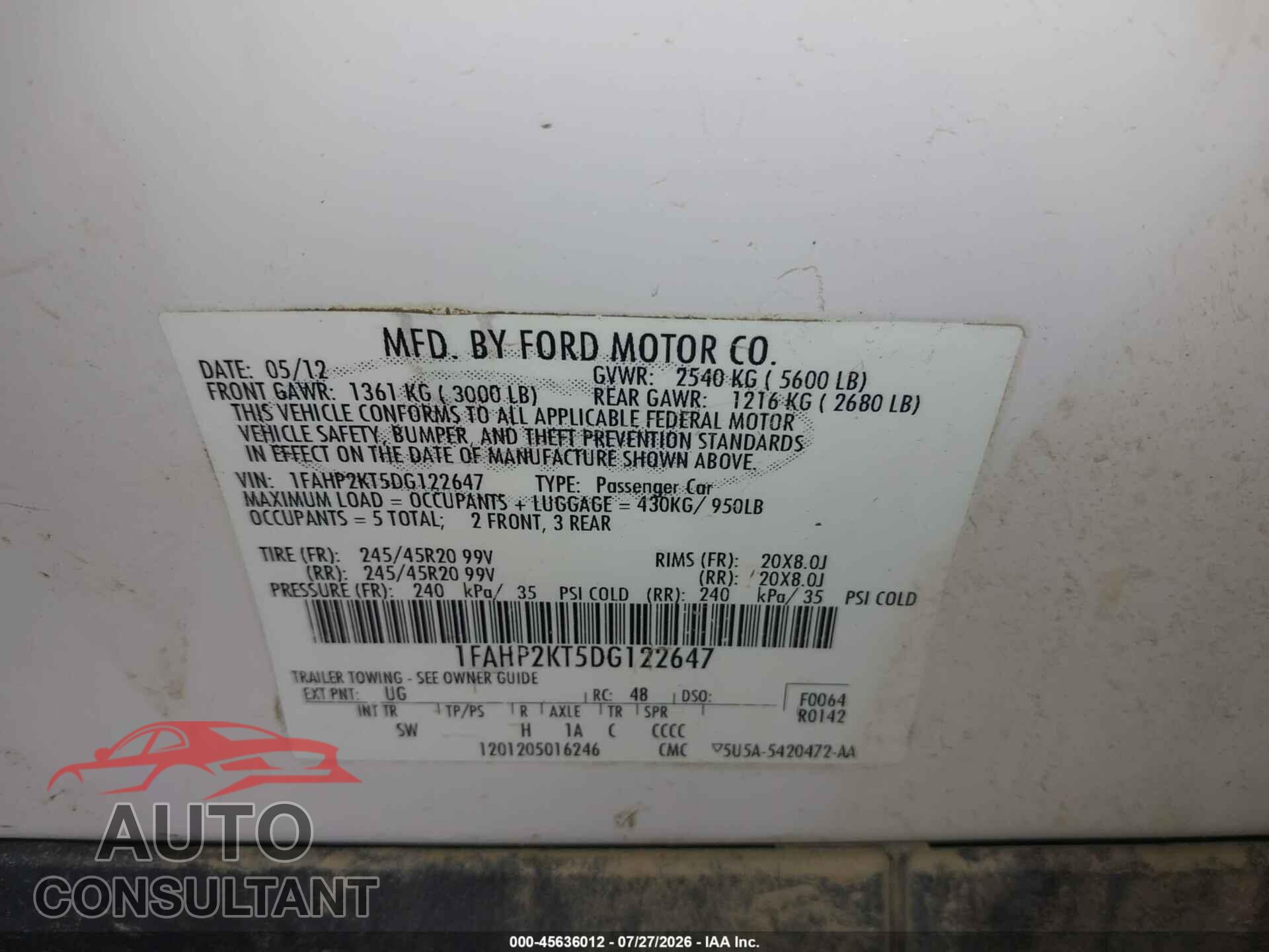 FORD TAURUS 2013 - 1FAHP2KT5DG122647