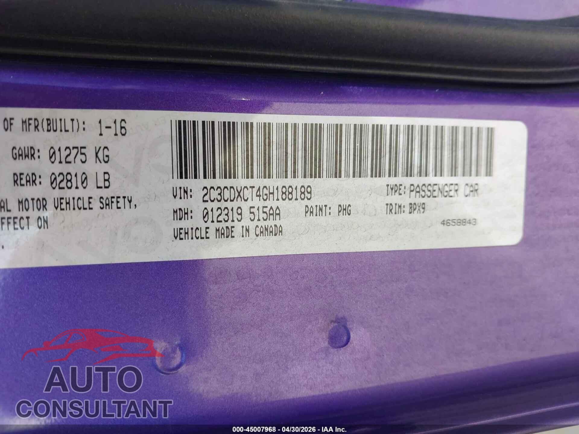 DODGE CHARGER 2016 - 2C3CDXCT4GH188189