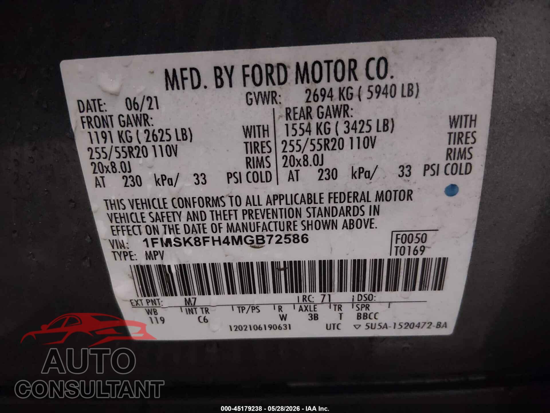 FORD EXPLORER 2021 - 1FMSK8FH4MGB72586