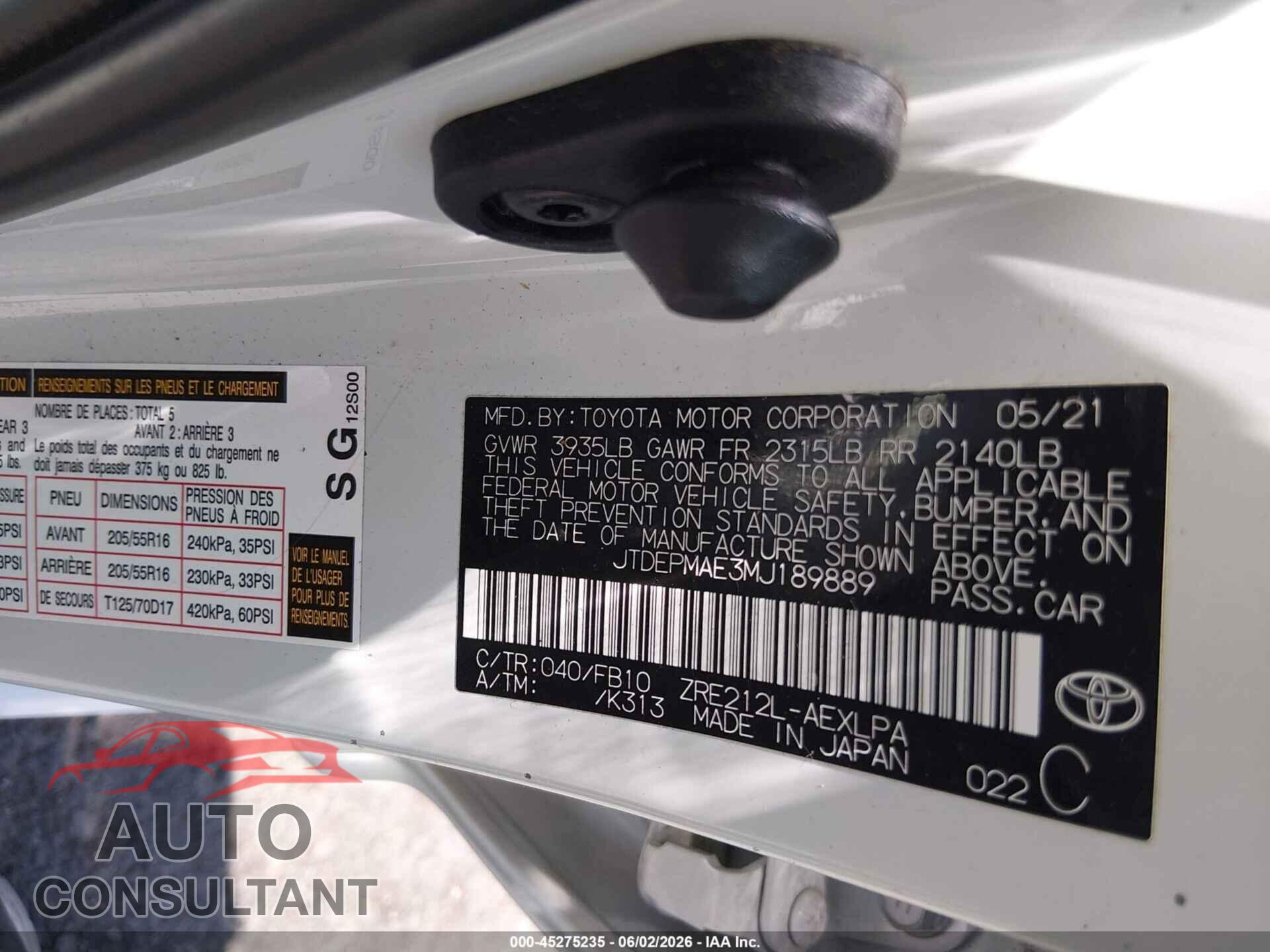 TOYOTA COROLLA 2021 - JTDEPMAE3MJ189889