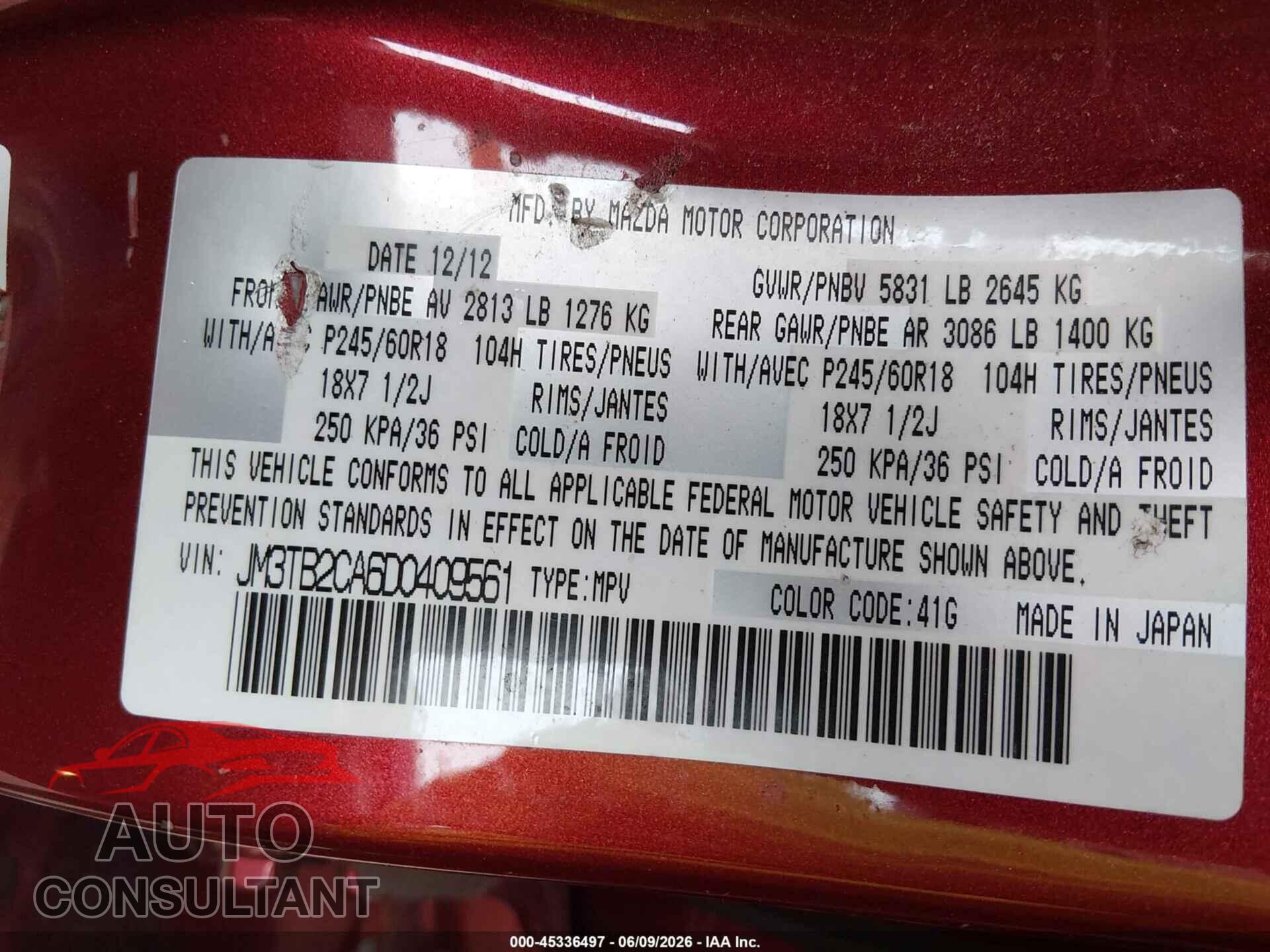 MAZDA CX-9 2013 - JM3TB2CA6D0409561