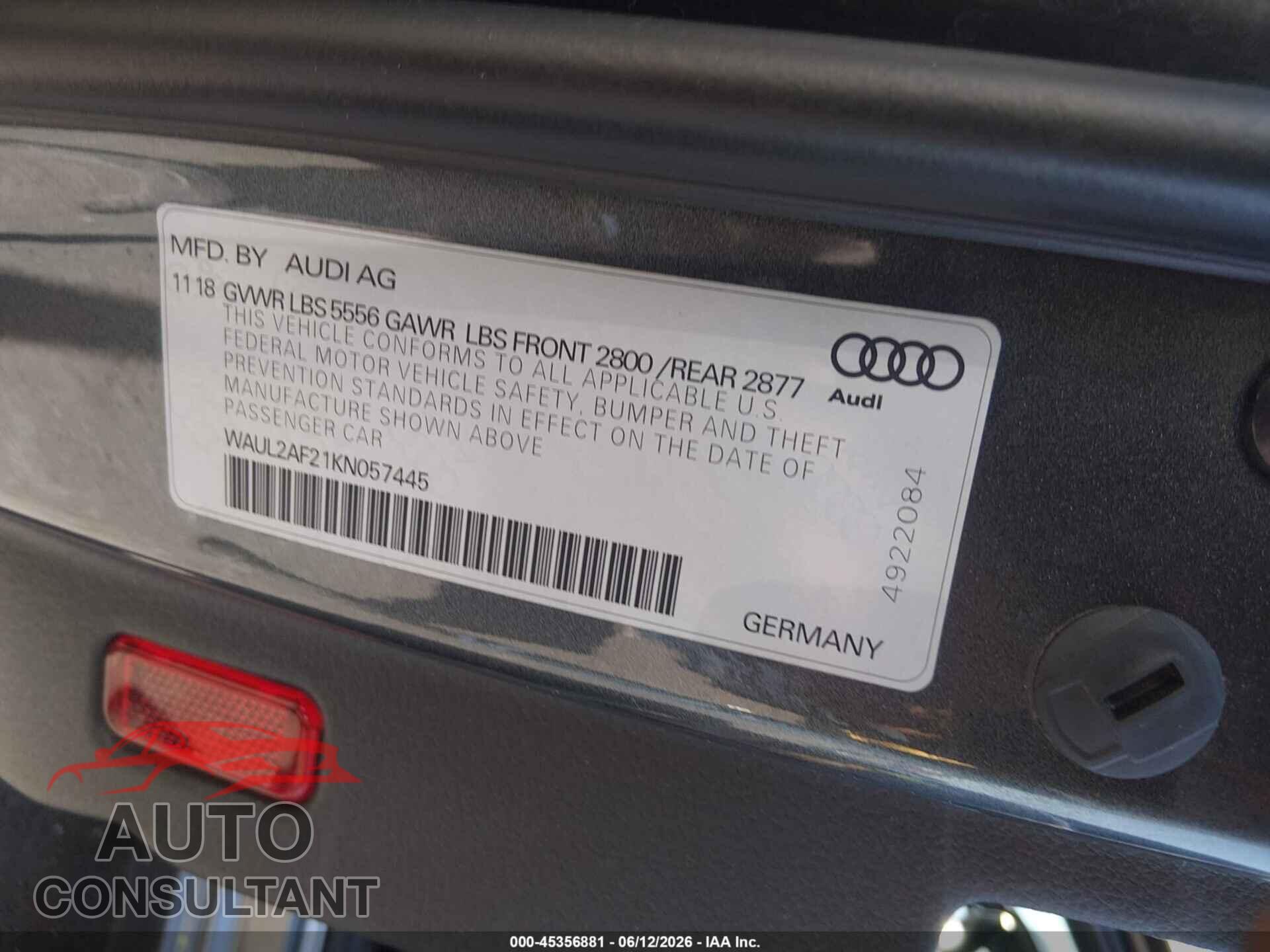 AUDI A6 2019 - WAUL2AF21KN057445