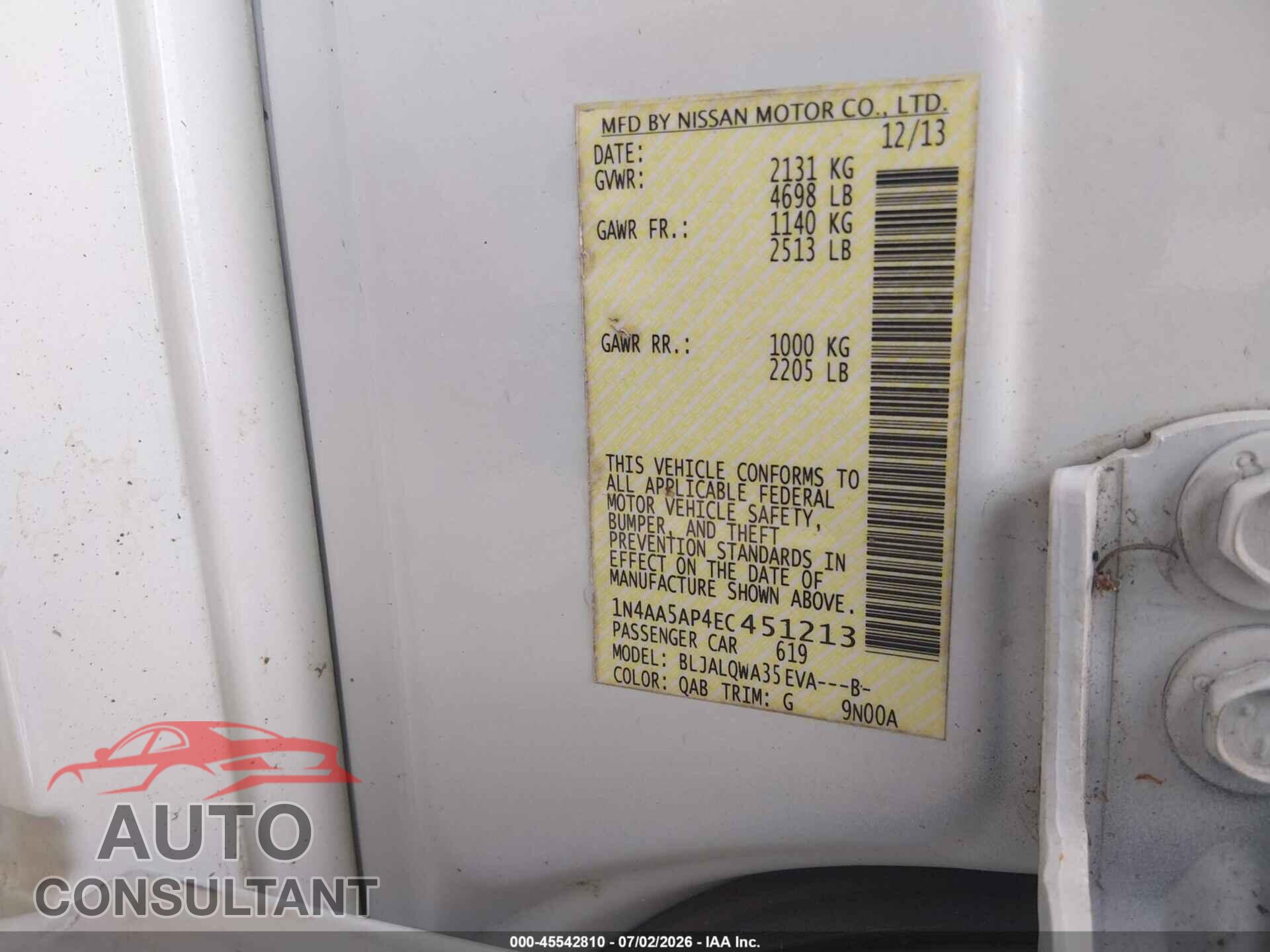 NISSAN MAXIMA 2014 - 1N4AA5AP4EC451213