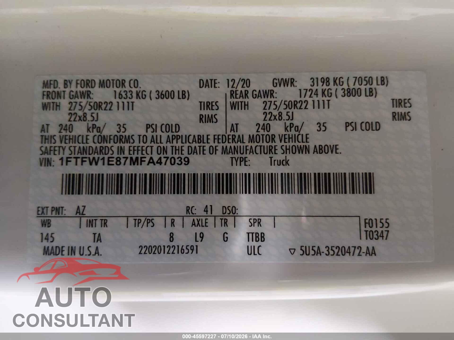 FORD F-150 2021 - 1FTFW1E87MFA47039