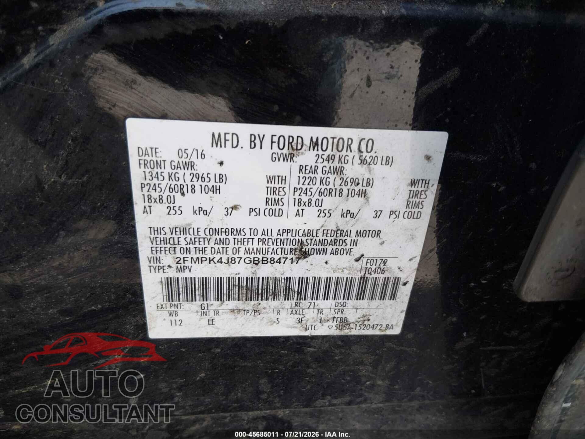 FORD EDGE 2016 - 2FMPK4J87GBB84717