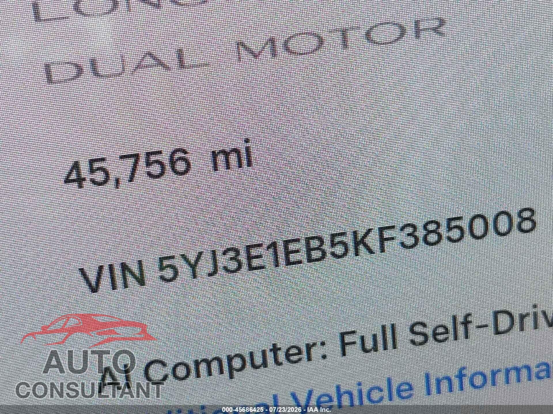 TESLA MODEL 3 2019 - 5YJ3E1EB5KF385008