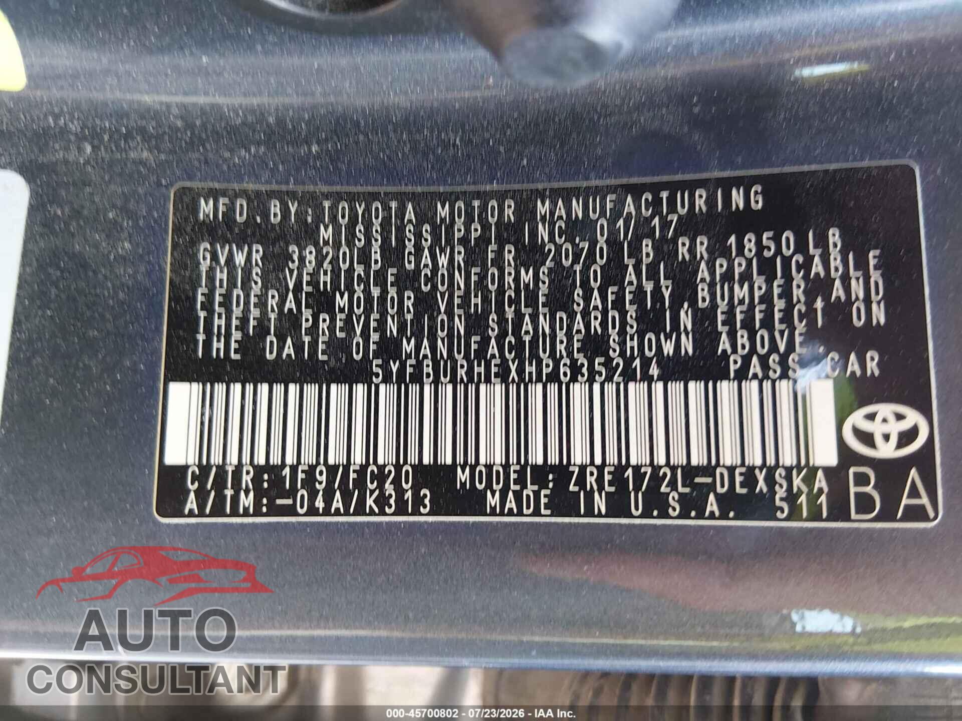 TOYOTA COROLLA 2017 - 5YFBURHEXHP635214