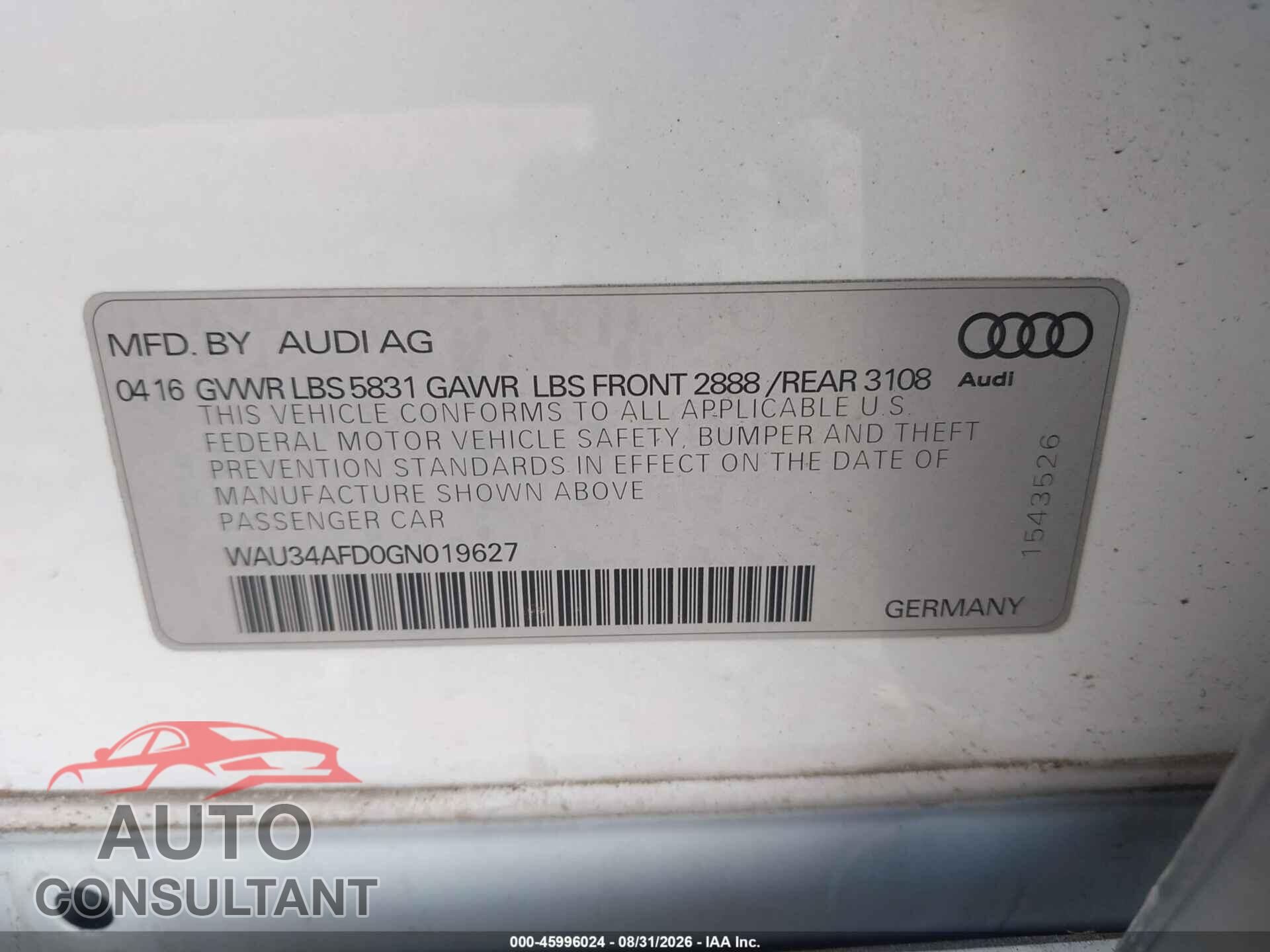 AUDI A8 L 2016 - WAU34AFD0GN019627