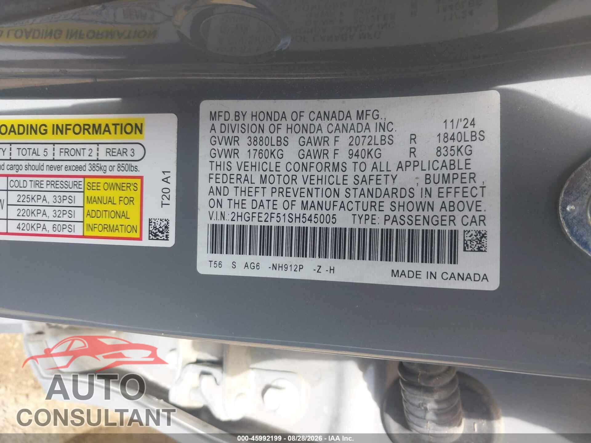 HONDA CIVIC 2025 - 2HGFE2F51SH545005