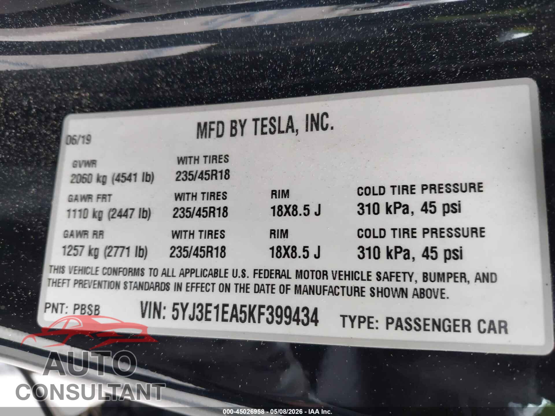 TESLA MODEL 3 2019 - 5YJ3E1EA5KF399434