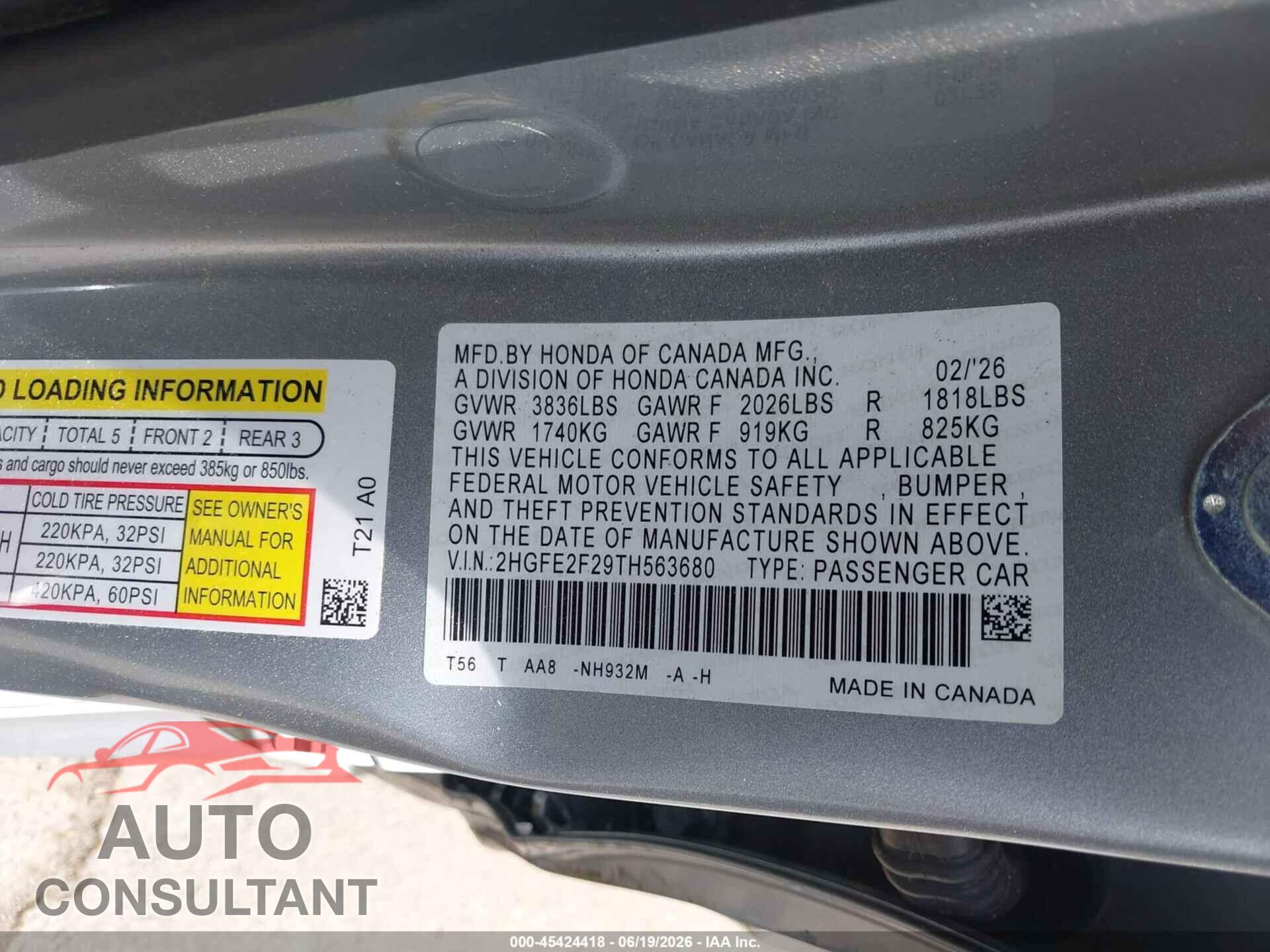 HONDA CIVIC 2026 - 2HGFE2F29TH563680