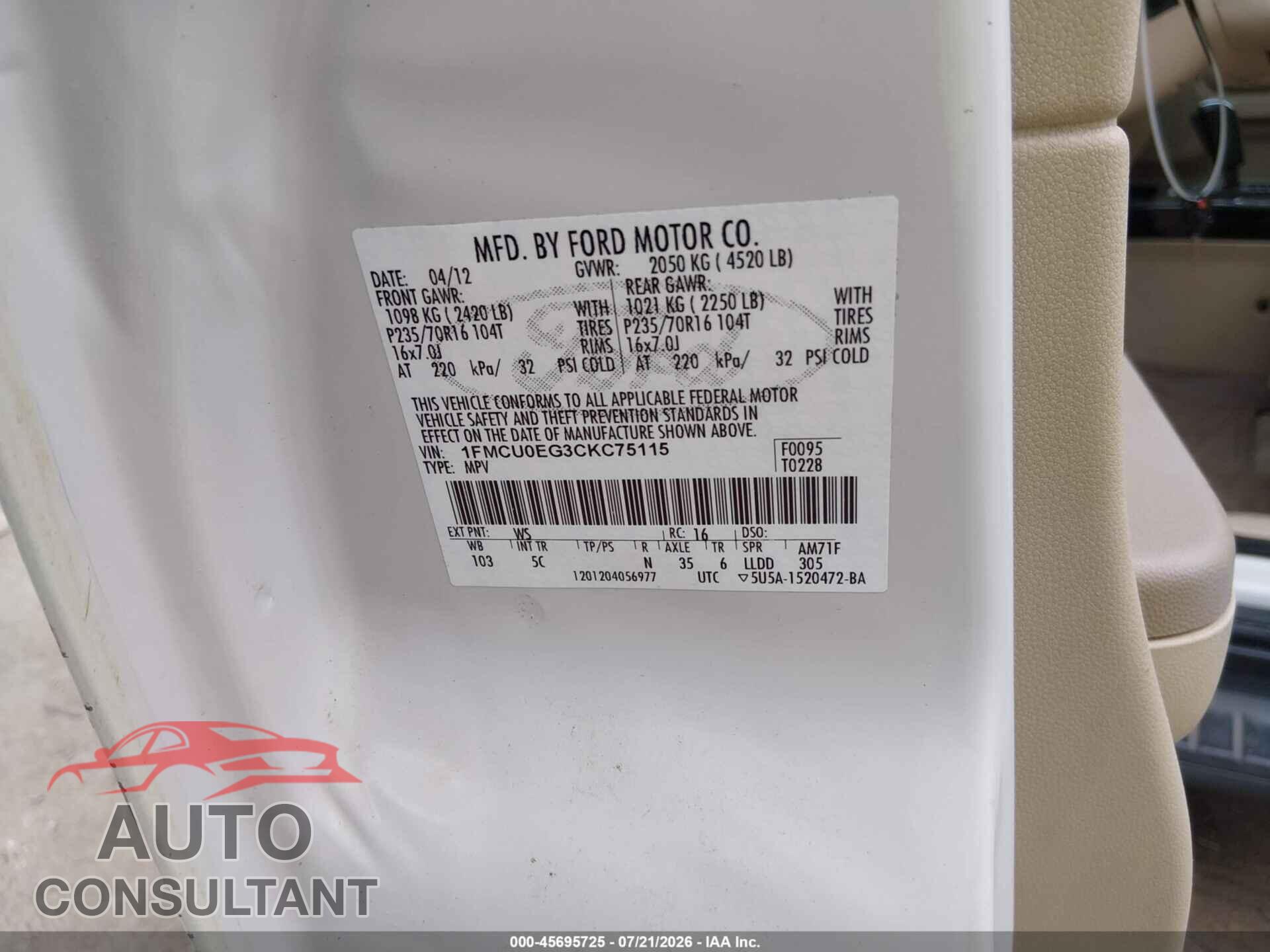 FORD ESCAPE 2012 - 1FMCU0EG3CKC75115