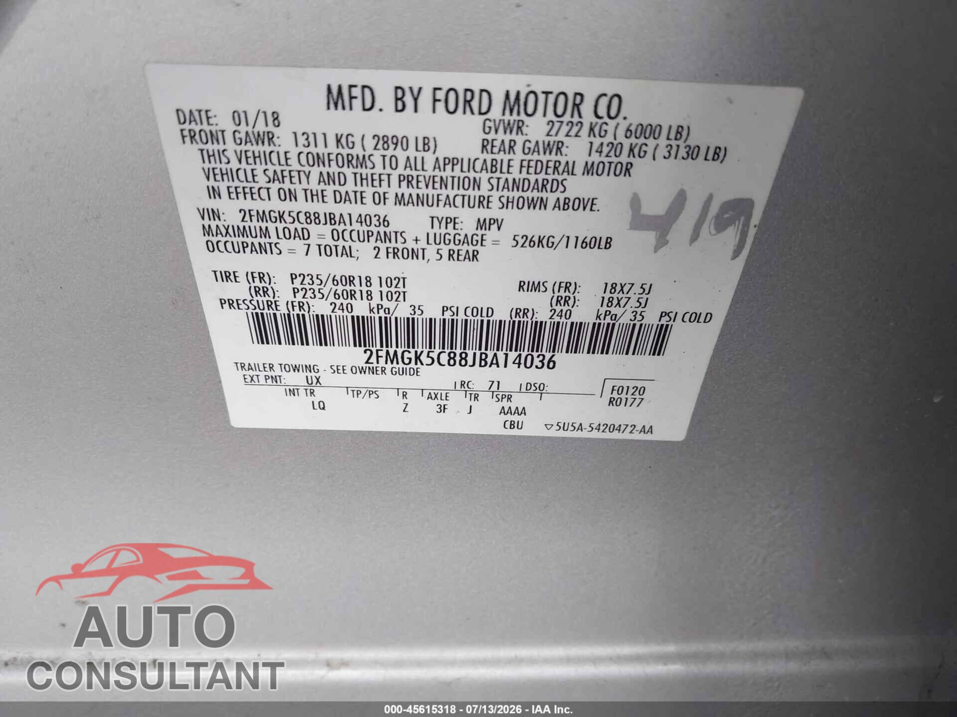 FORD FLEX 2018 - 2FMGK5C88JBA14036
