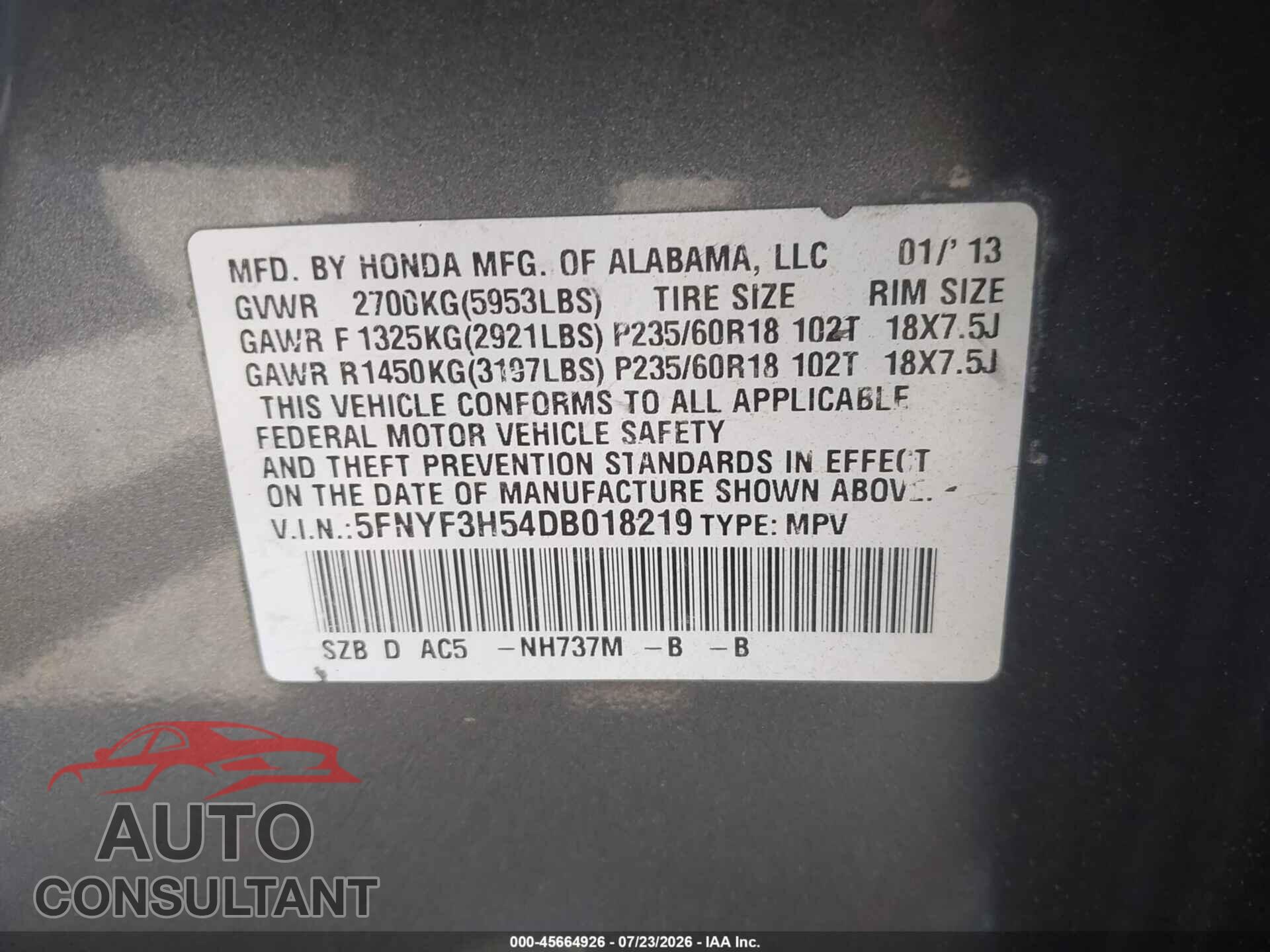 HONDA PILOT 2013 - 5FNYF3H54DB018219