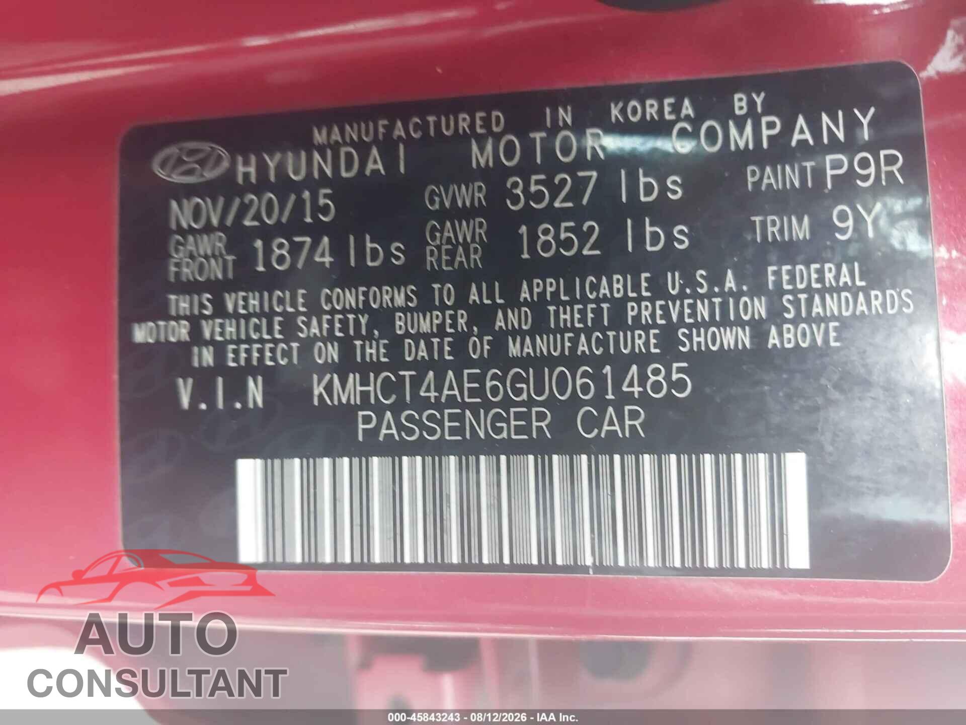 HYUNDAI ACCENT 2016 - KMHCT4AE6GU061485