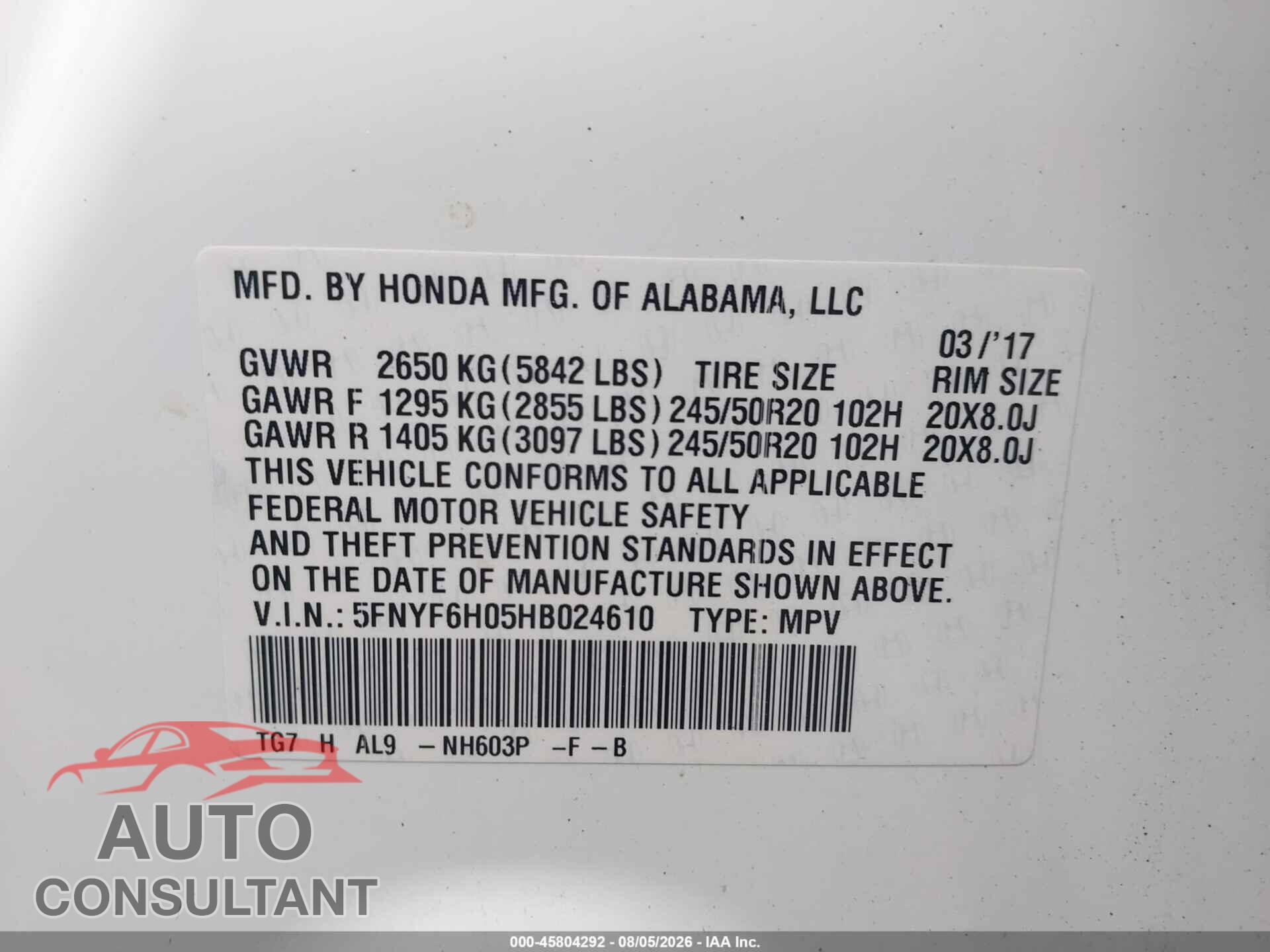 HONDA PILOT 2017 - 5FNYF6H05HB024610