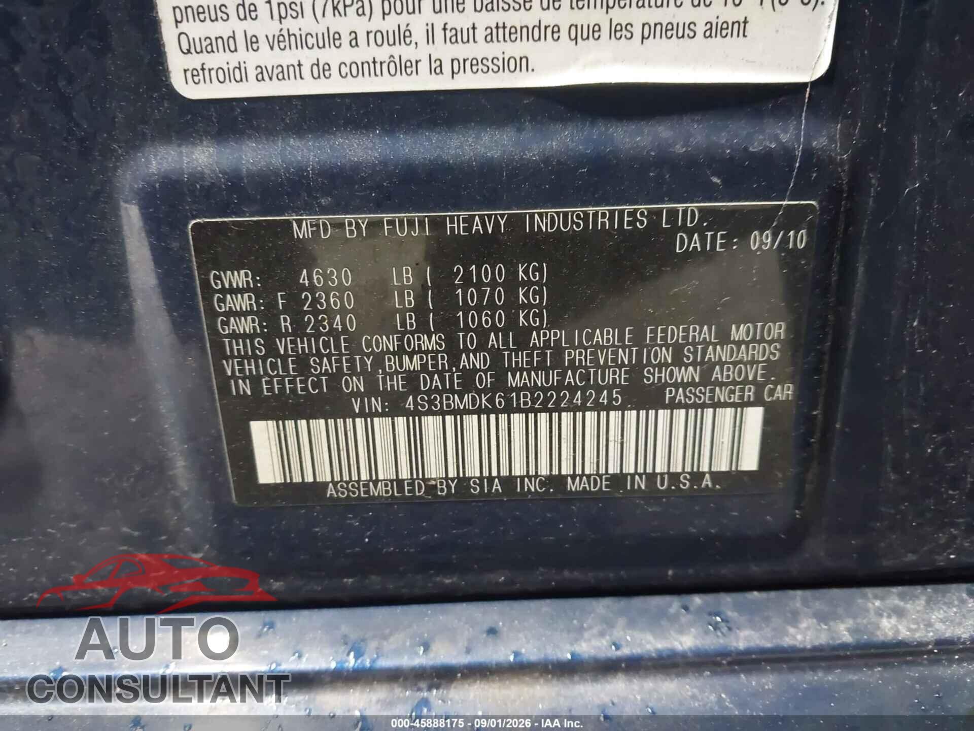 SUBARU LEGACY 2011 - 4S3BMDK61B2224245