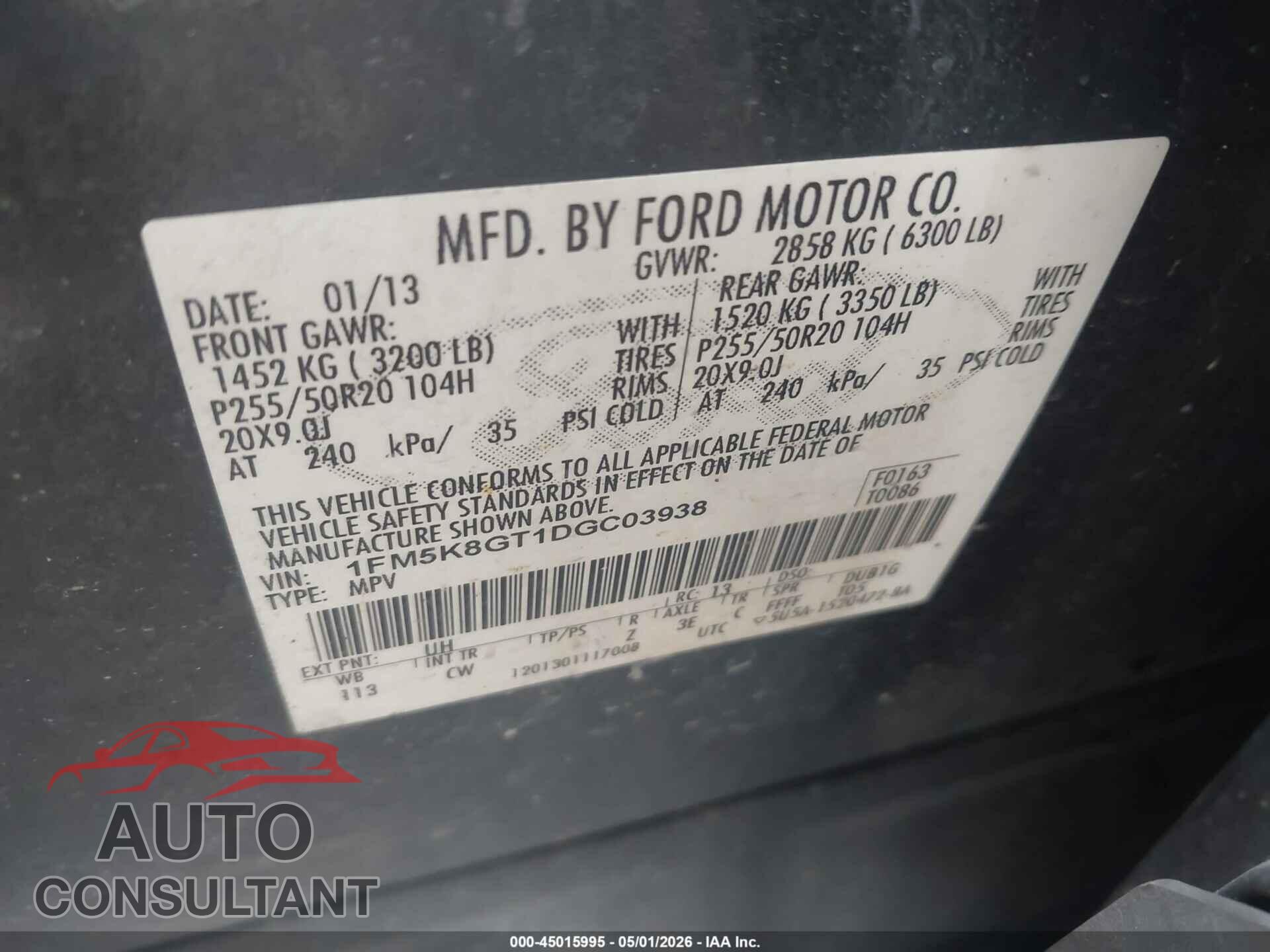 FORD EXPLORER 2013 - 1FM5K8GT1DGC03938