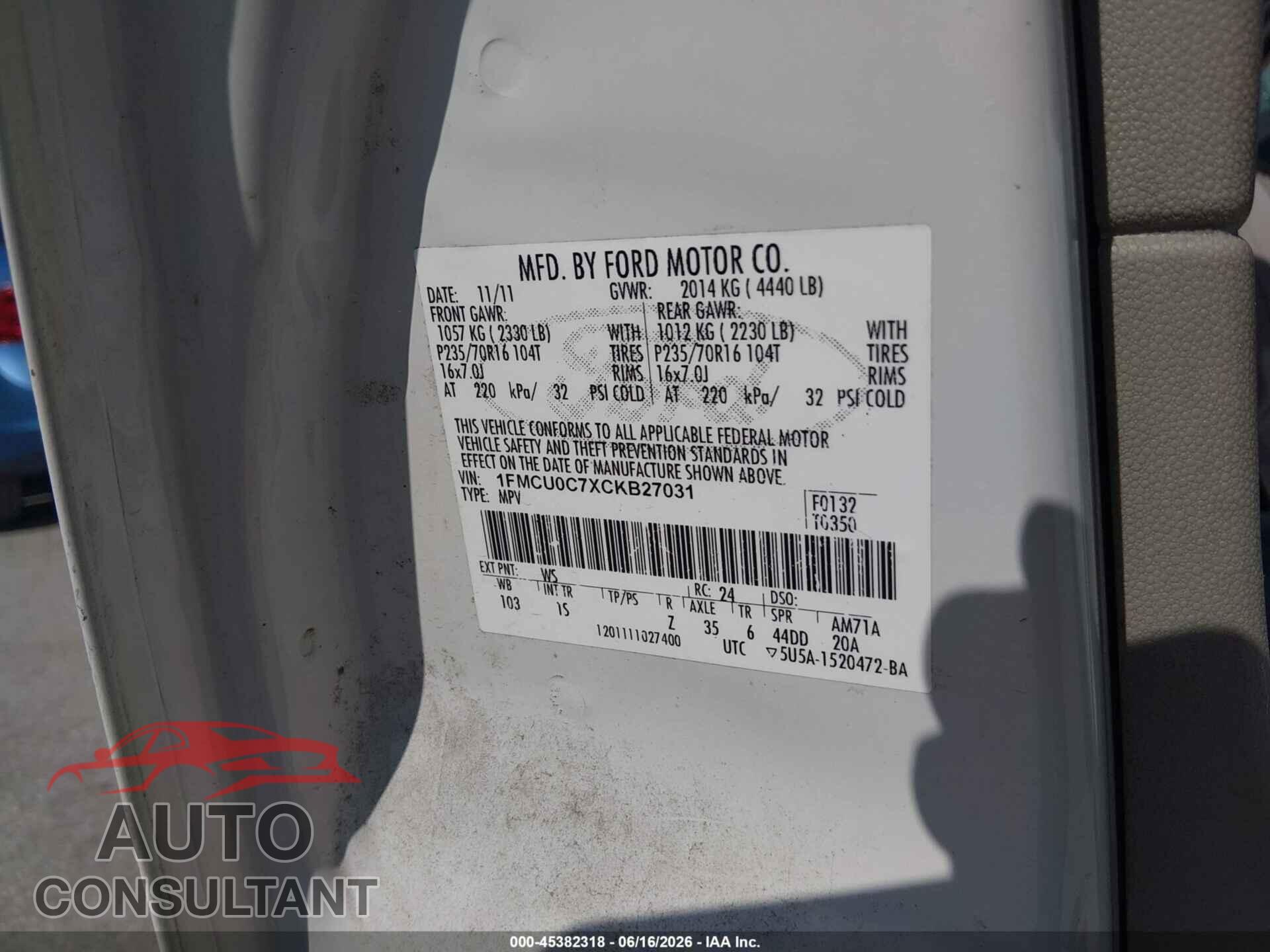 FORD ESCAPE 2012 - 1FMCU0C7XCKB27031