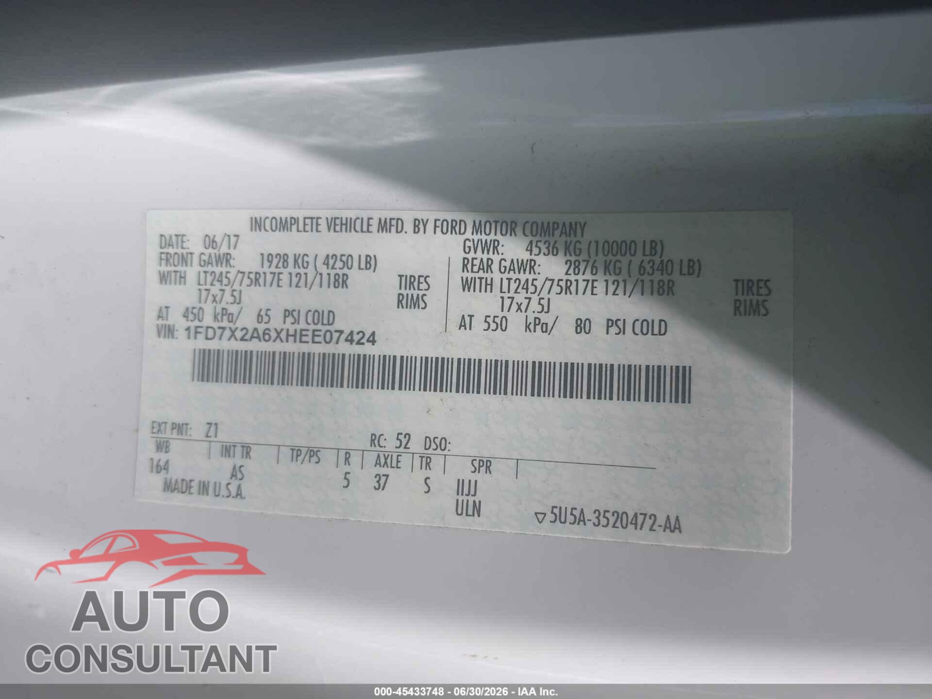 FORD F-250 2017 - 1FD7X2A6XHEE07424