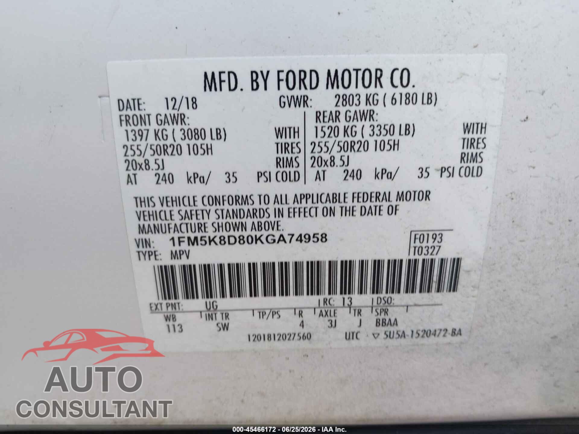 FORD EXPLORER 2019 - 1FM5K8D80KGA74958