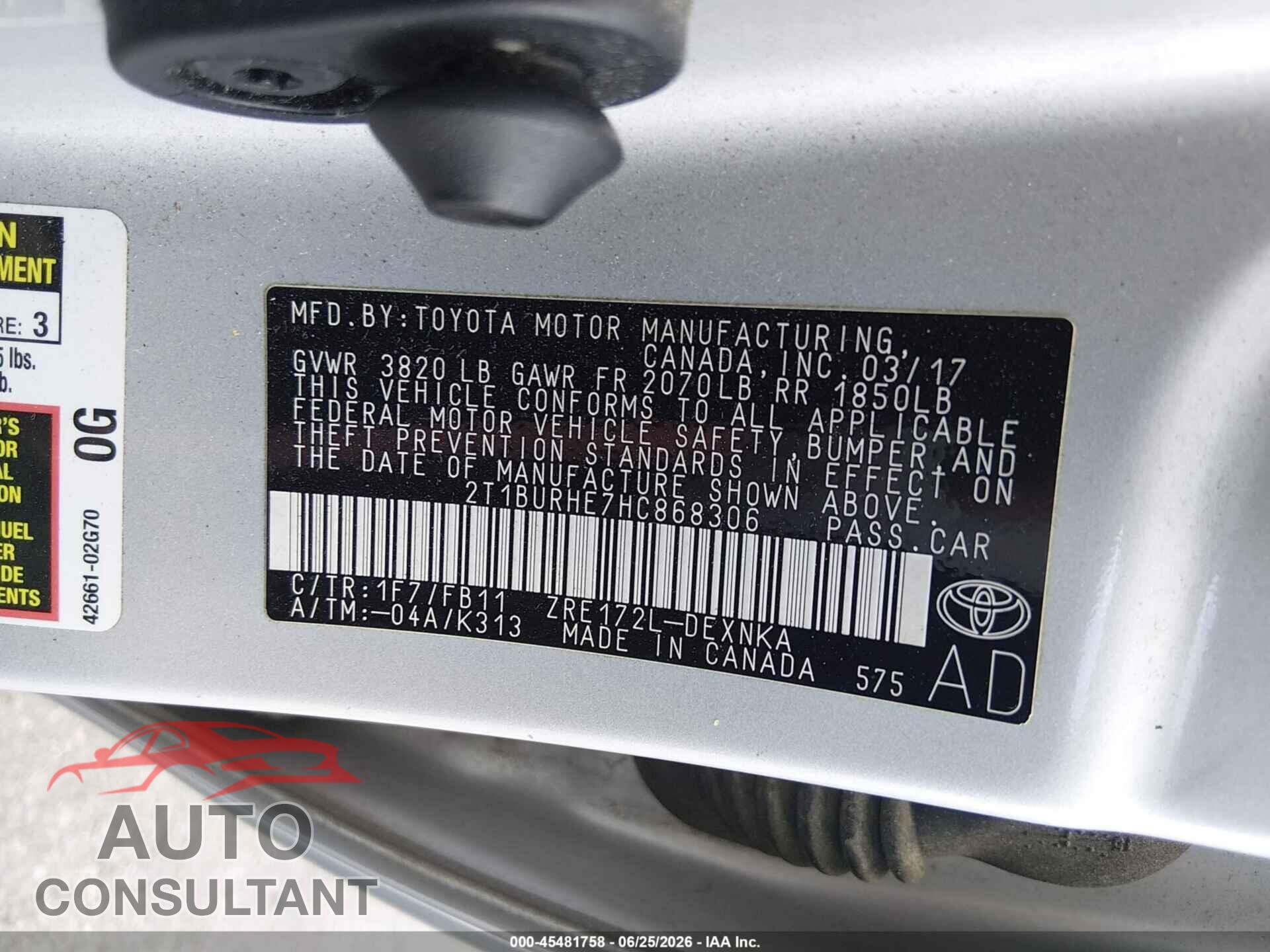 TOYOTA COROLLA 2017 - 2T1BURHE7HC868306