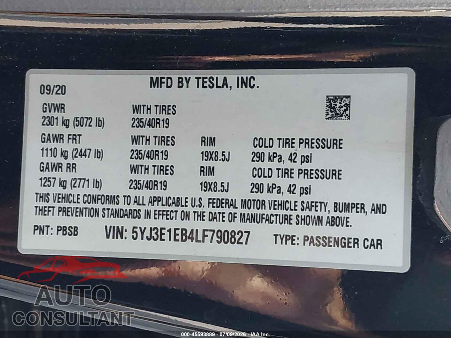 TESLA MODEL 3 2020 - 5YJ3E1EB4LF790827