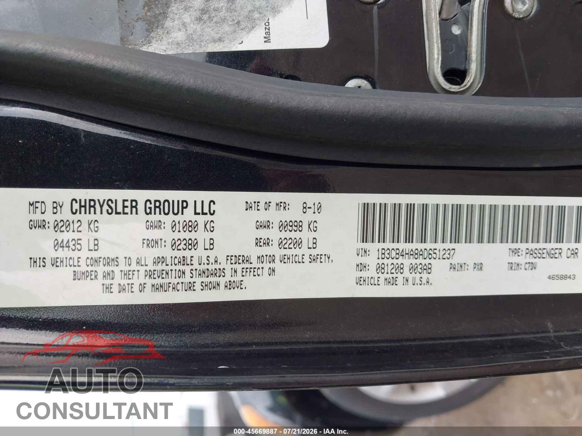 DODGE CALIBER 2010 - 1B3CB4HA8AD651237