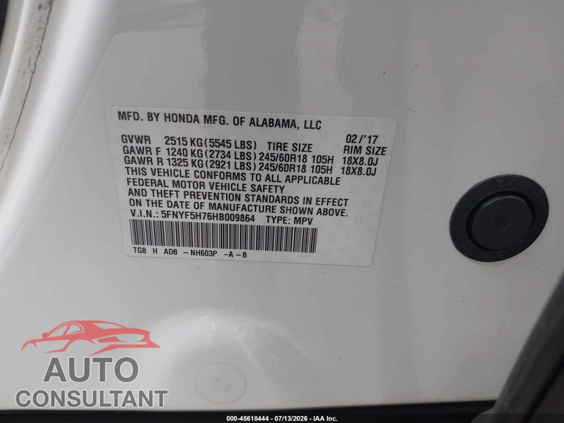 HONDA PILOT 2017 - 5FNYF5H76HB009864