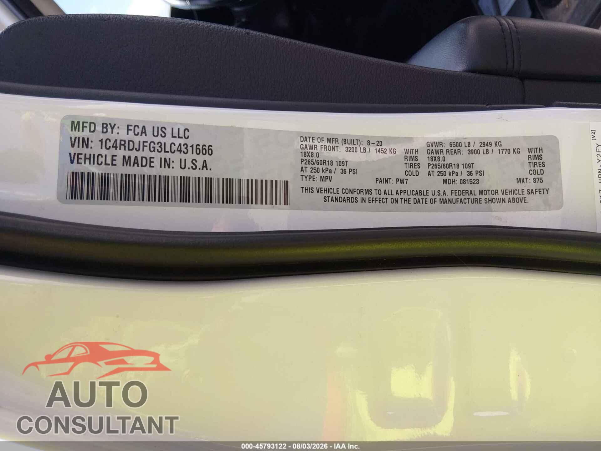 DODGE DURANGO 2020 - 1C4RDJFG3LC431666