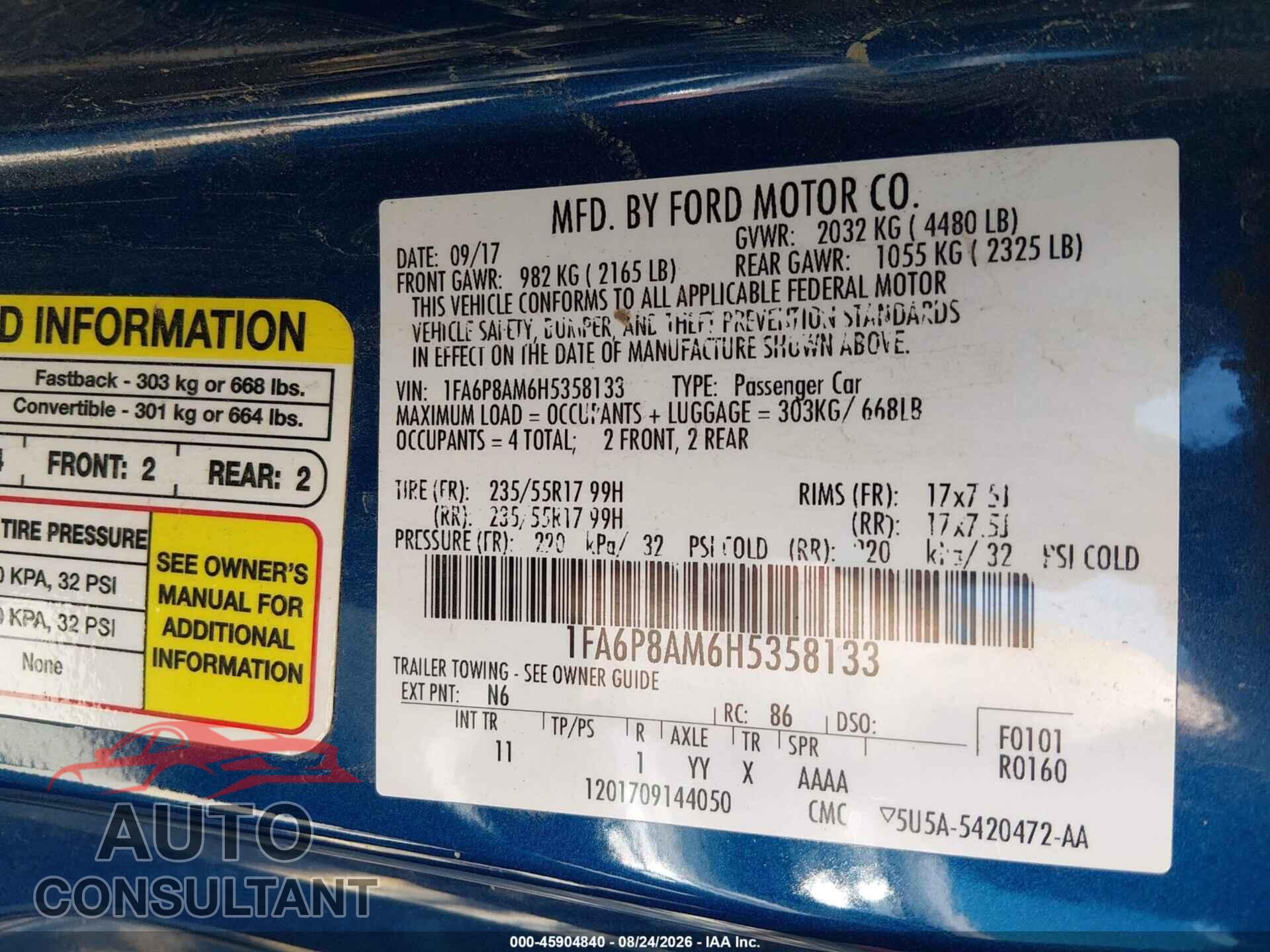 FORD MUSTANG 2017 - 1FA6P8AM6H5358133