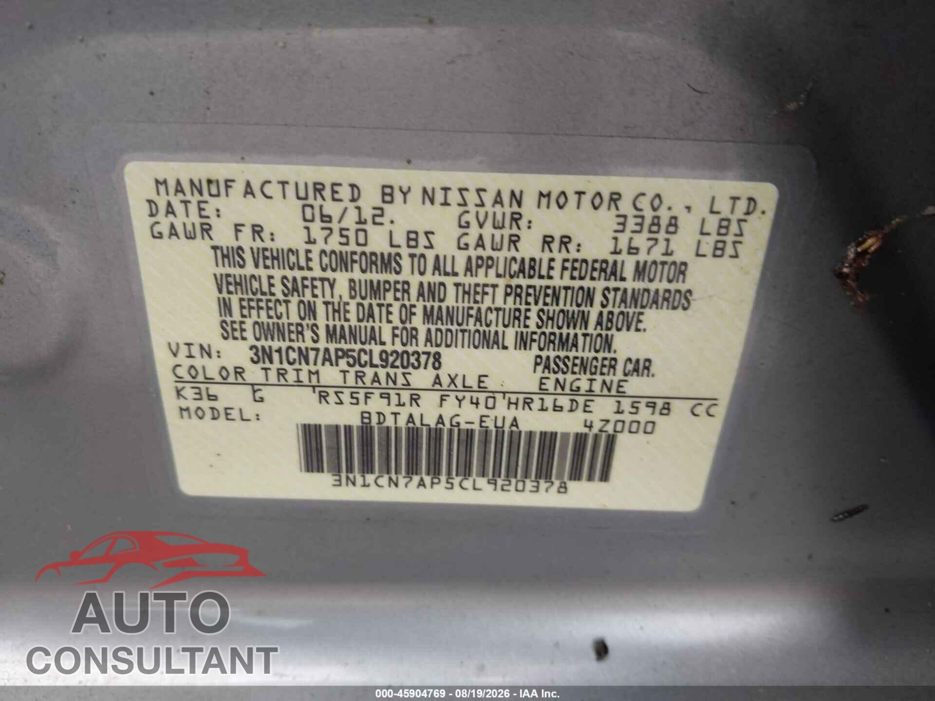 NISSAN VERSA 2012 - 3N1CN7AP5CL920378