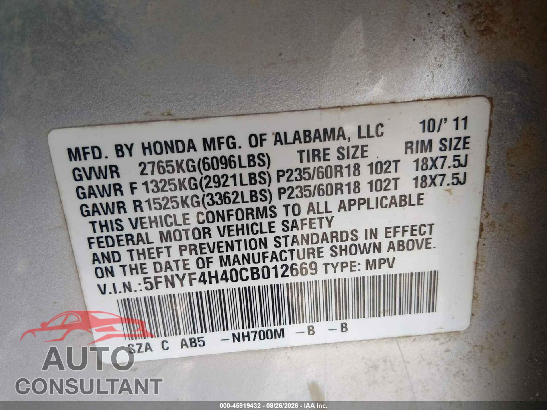 HONDA PILOT 2012 - 5FNYF4H40CB012669