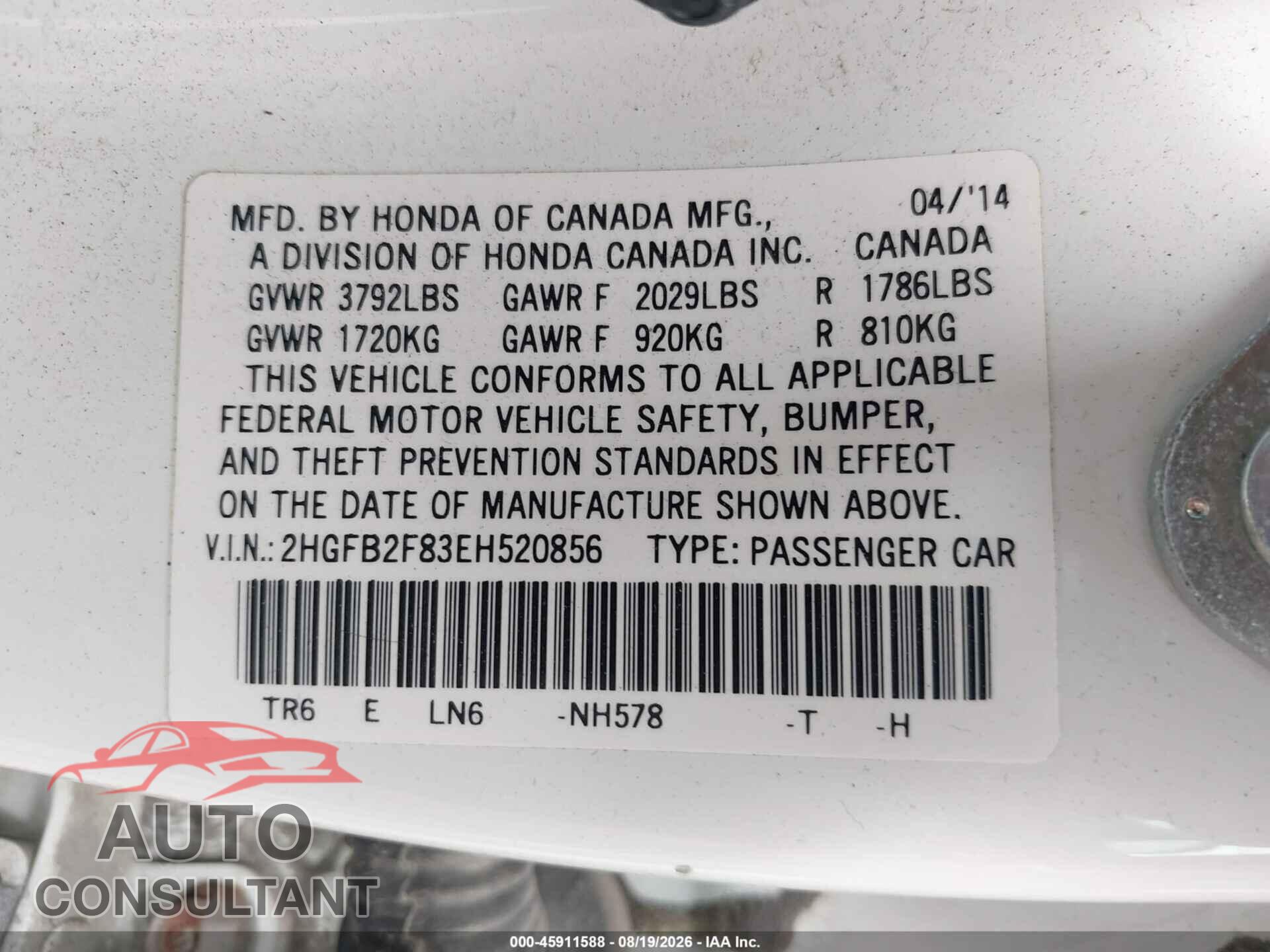 HONDA CIVIC 2014 - 2HGFB2F83EH520856