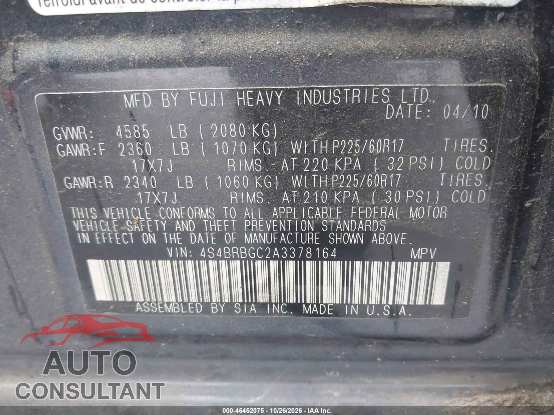 SUBARU OUTBACK 2010 - 4S4BRBGC2A3378164