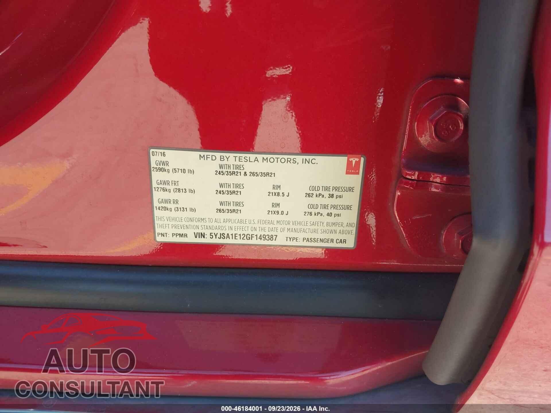 TESLA MODEL S 2016 - 5YJSA1E12GF149387