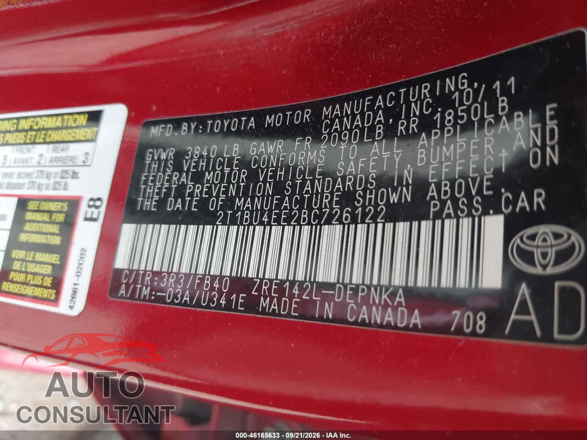 TOYOTA COROLLA 2011 - 2T1BU4EE2BC726122