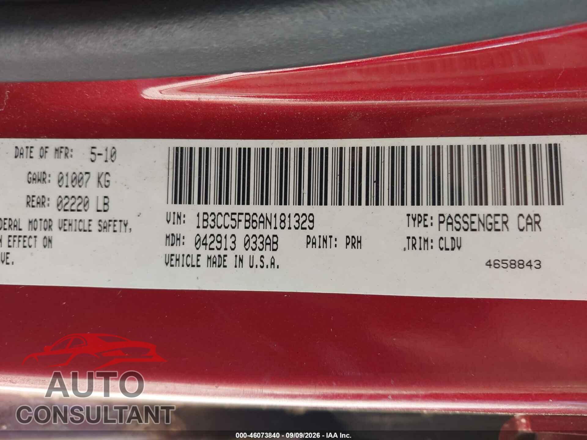 DODGE AVENGER 2010 - 1B3CC5FB6AN181329