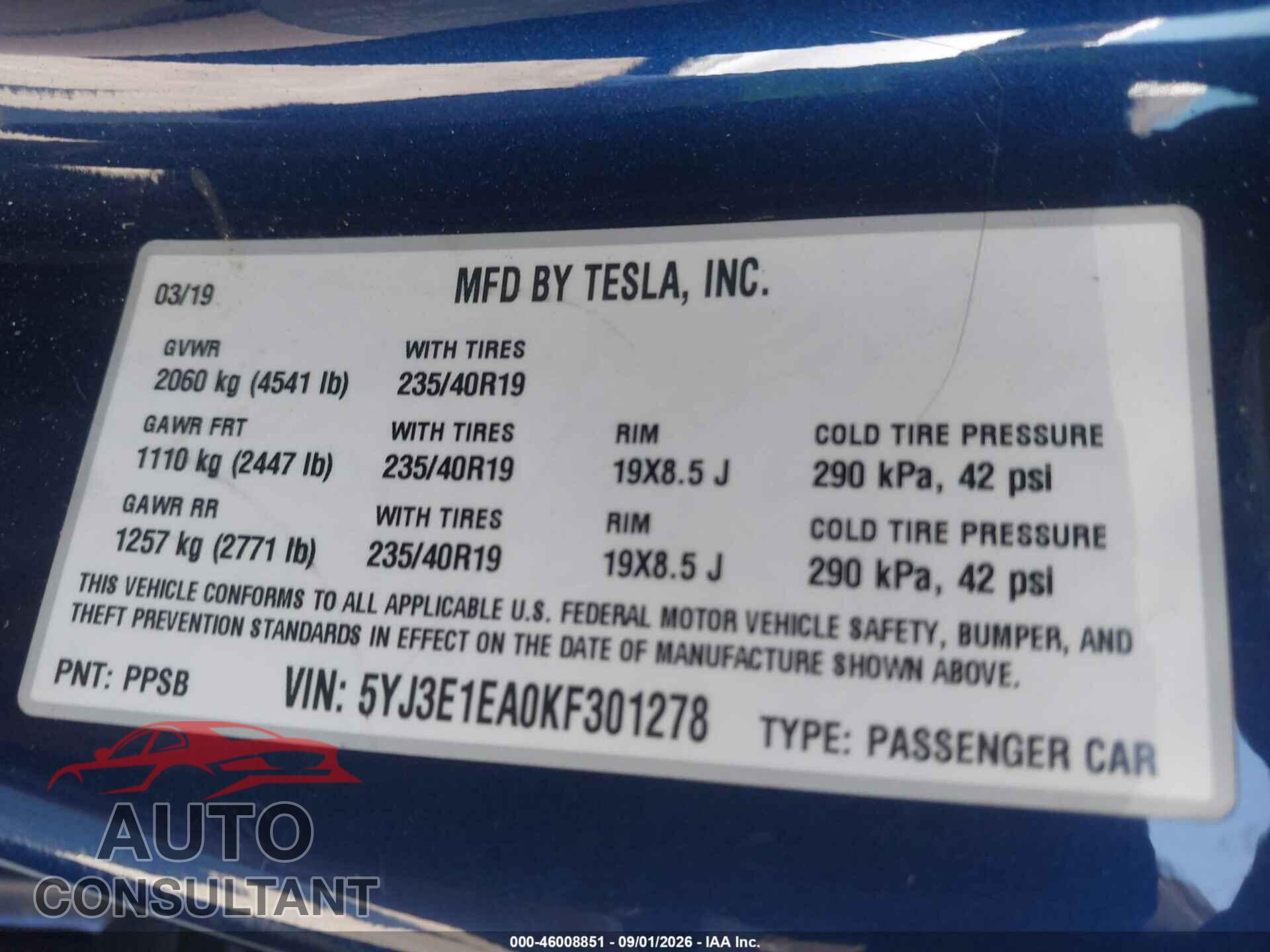 TESLA MODEL 3 2019 - 5YJ3E1EA0KF301278