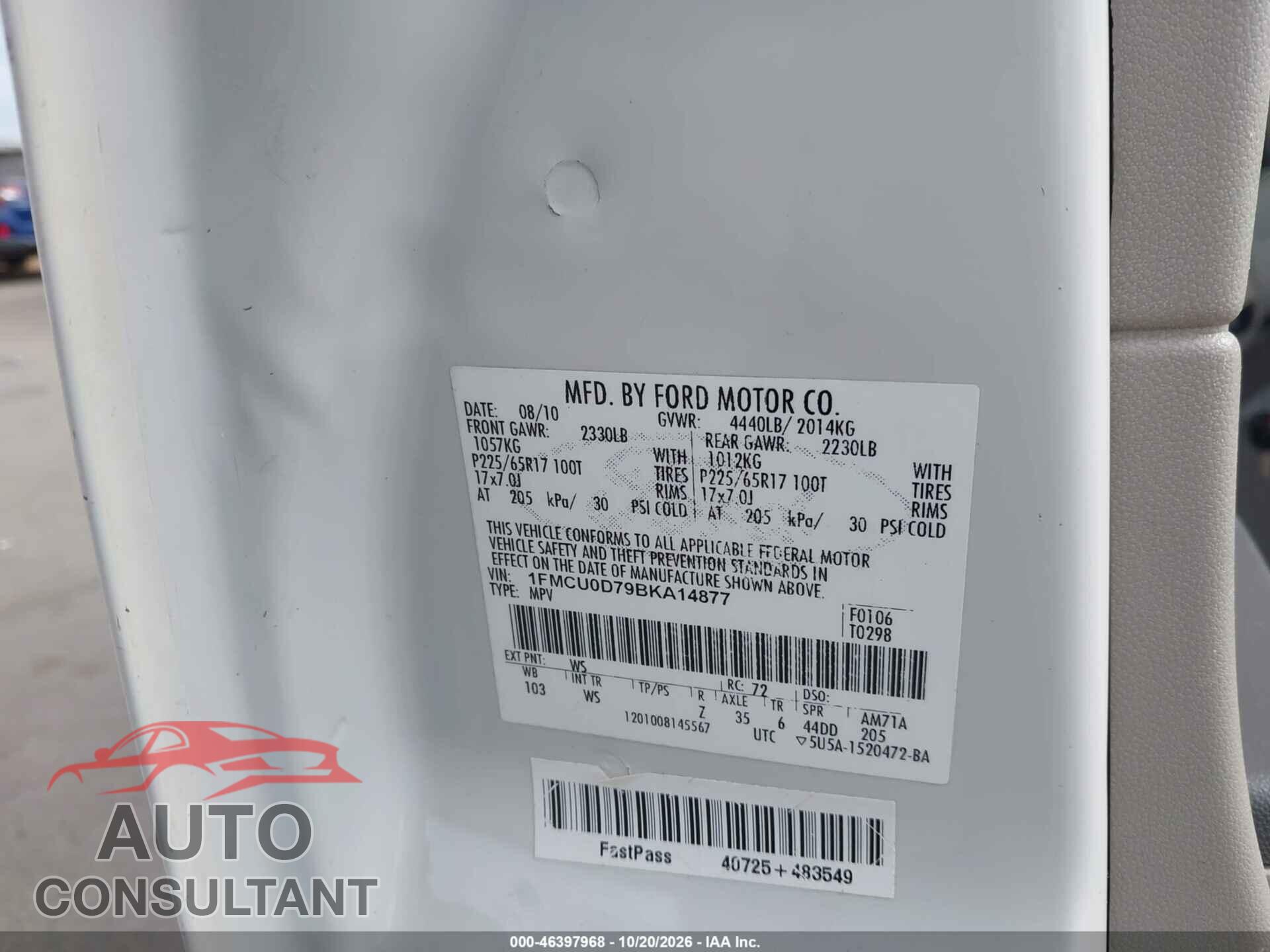 FORD ESCAPE 2011 - 1FMCU0D79BKA14877
