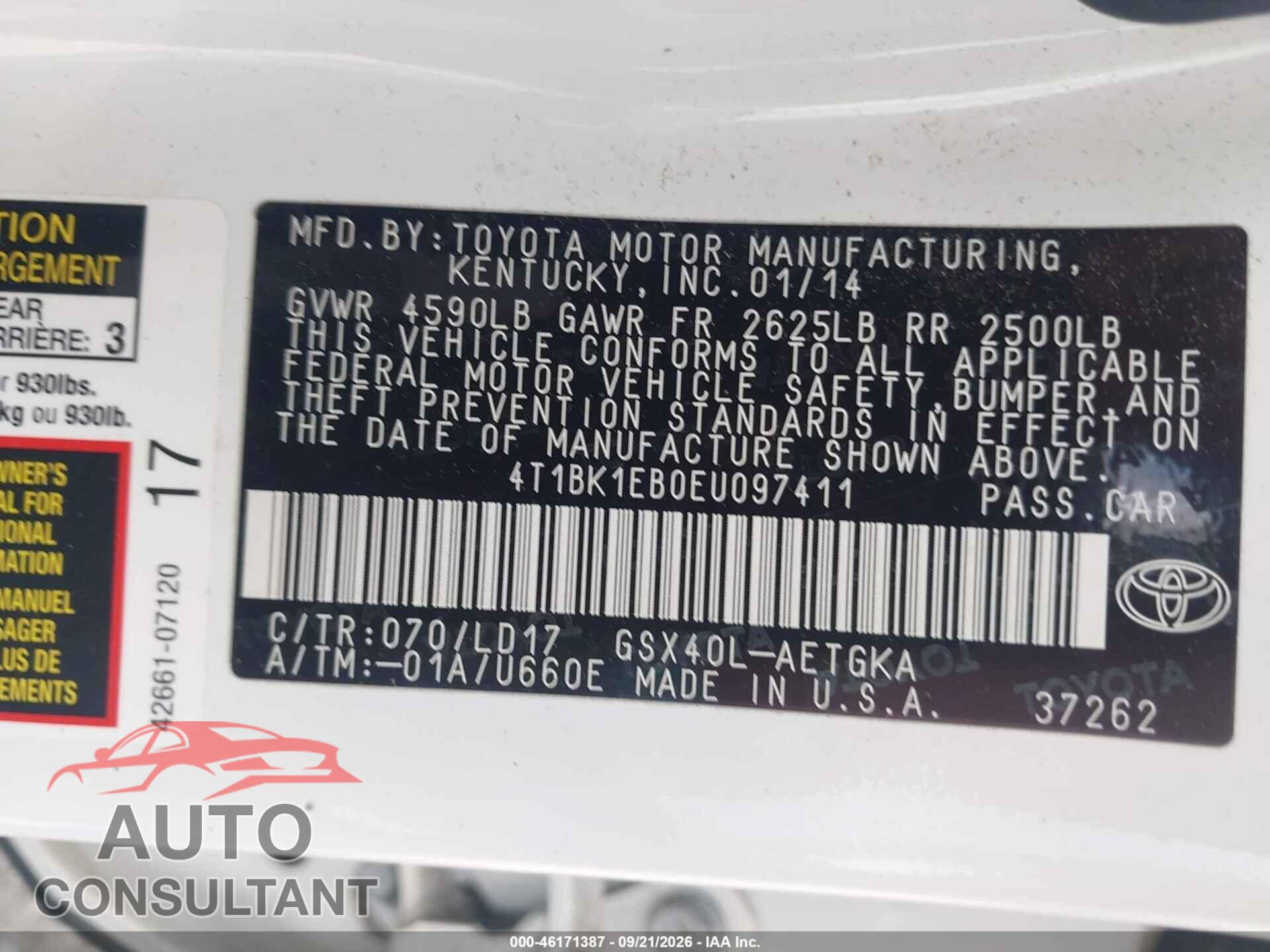 TOYOTA AVALON 2014 - 4T1BK1EB0EU097411