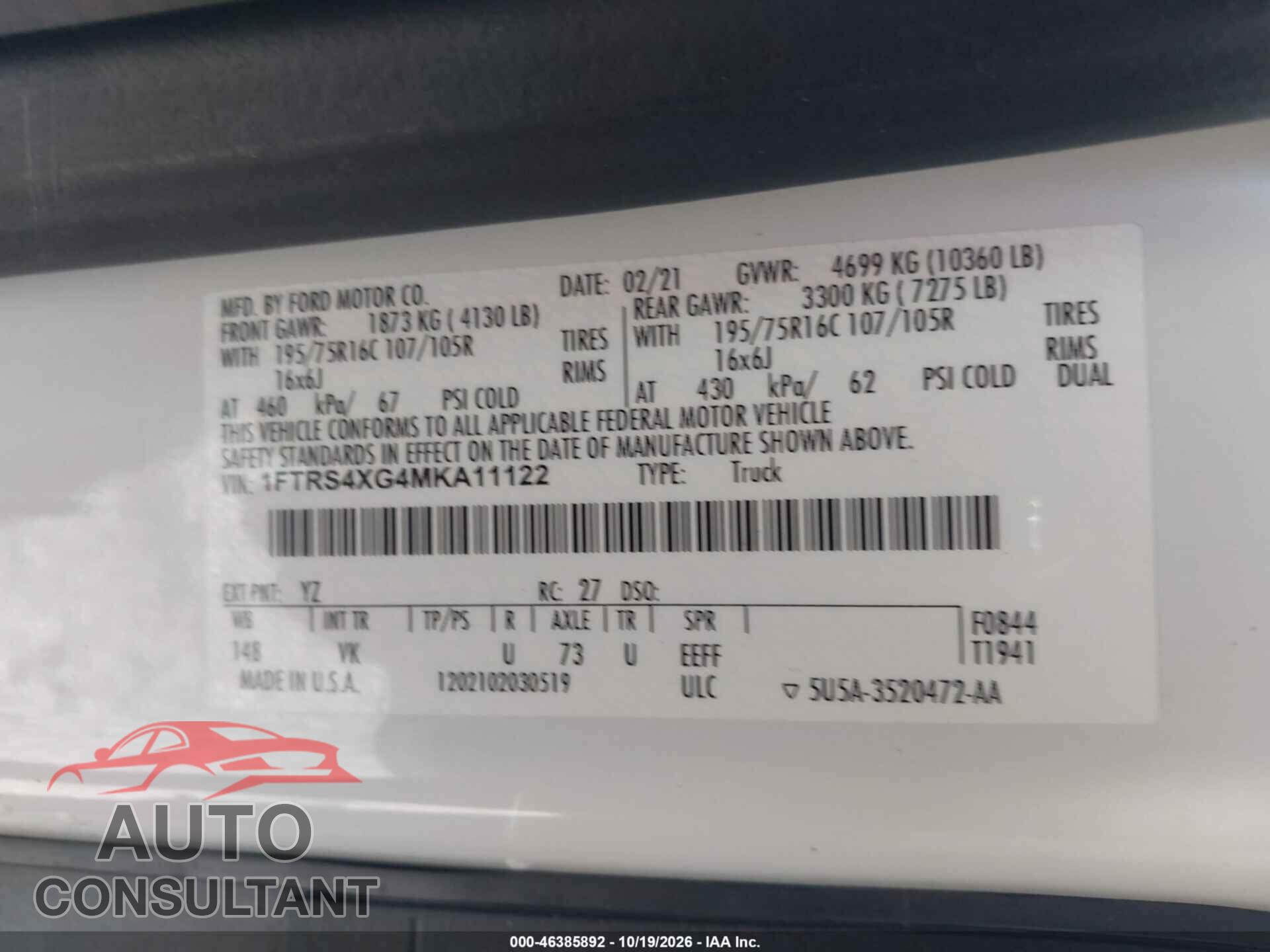 FORD TRANSIT-350 CARGO VAN 2021 - 1FTRS4XG4MKA11122